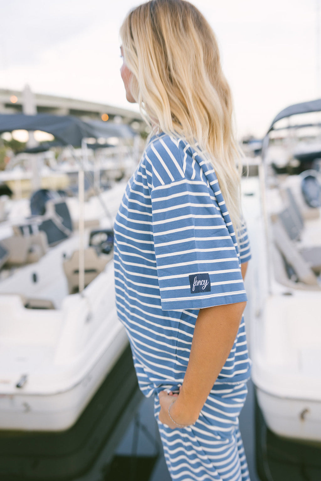 Fancy Striped Oversized Short Sleeve Top - Malibu Blue