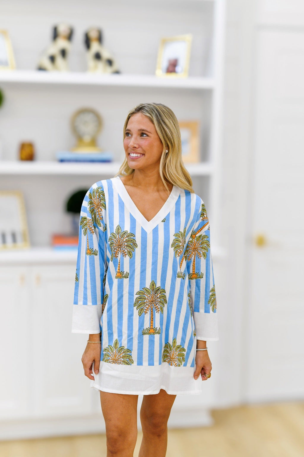 Gabby Mini Kaftan Dress - Baby Blue/White Palm