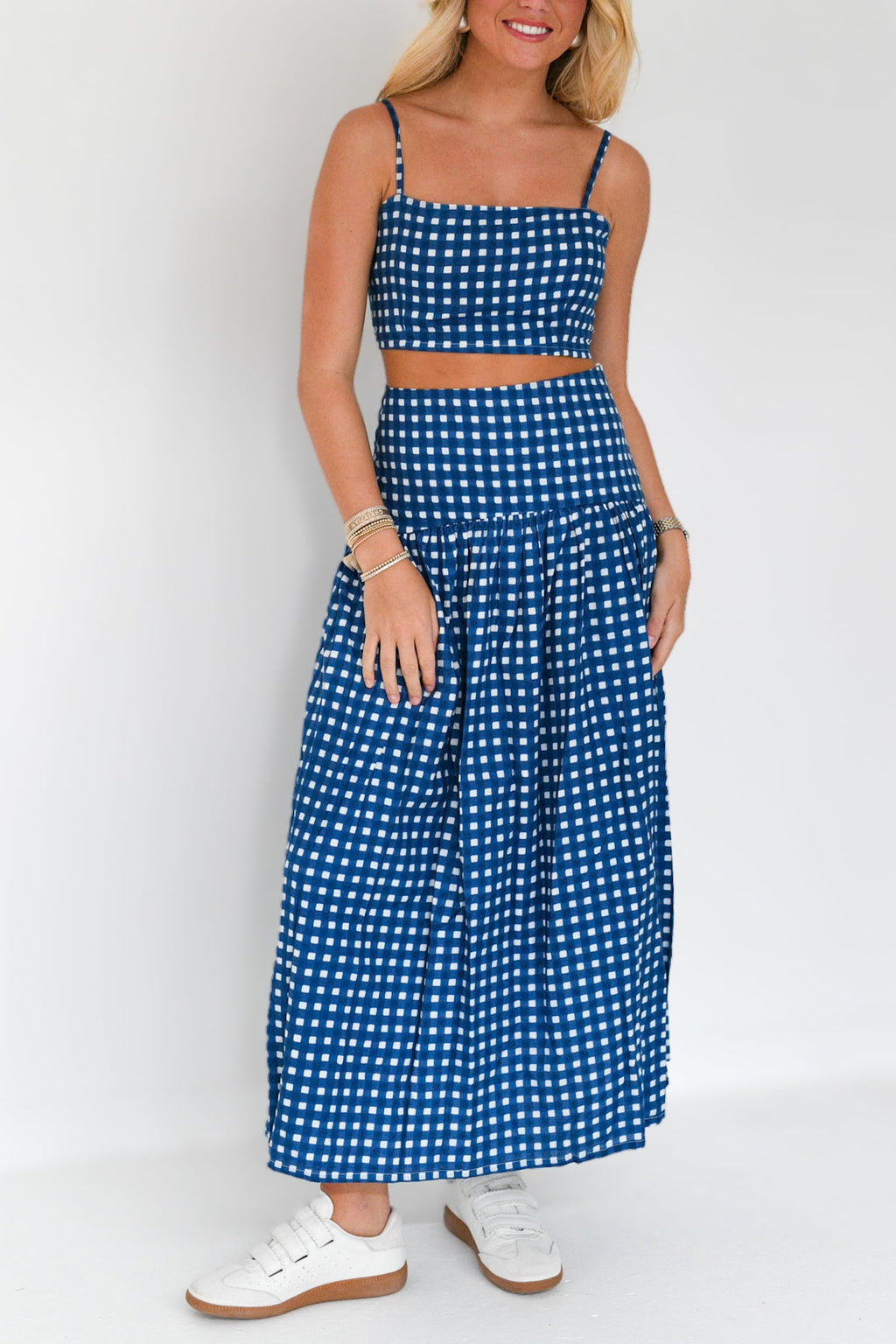 Alana Maxi Skirt Set - Navy/White Gingham