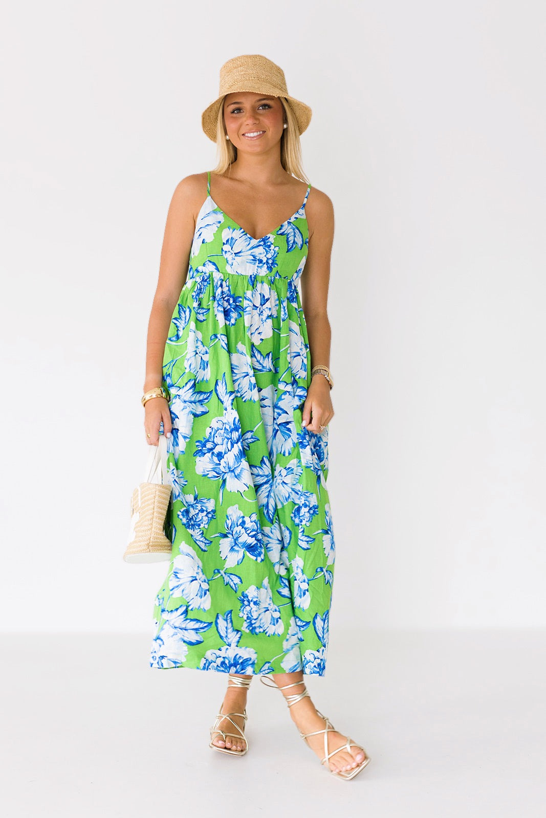 Hannah Floral Midi Dress - Green/White/Blue