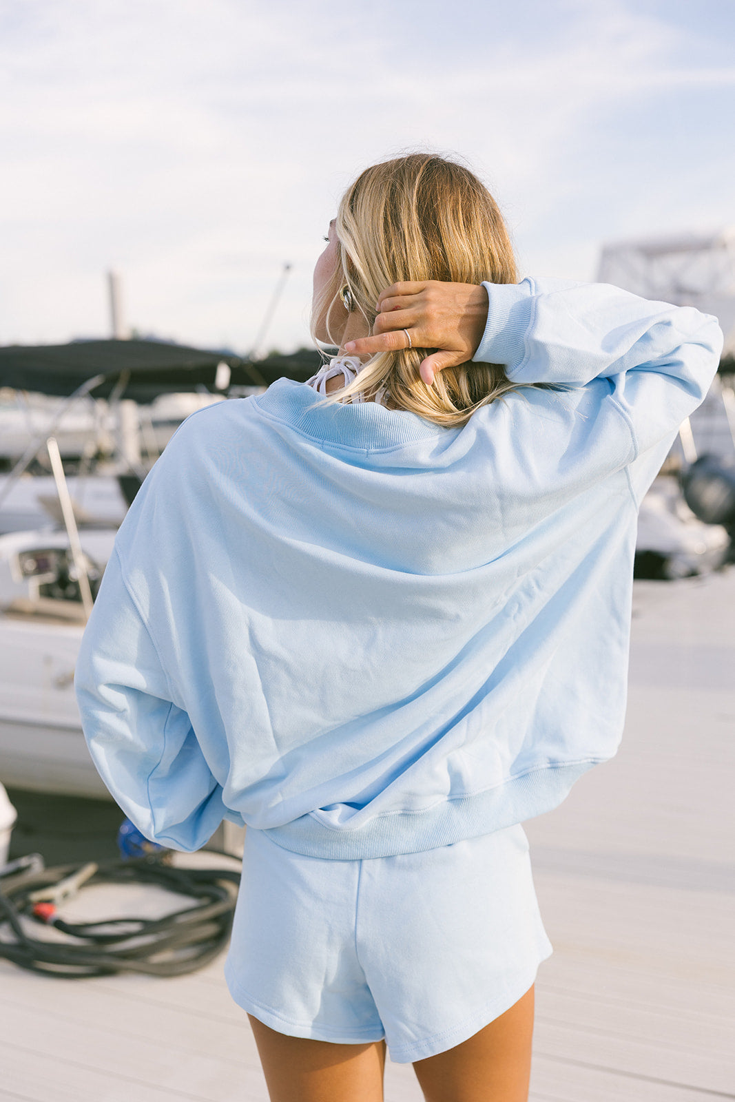 Fancy Oversized Striped Terry Striped Mockneck - Malibu Blue