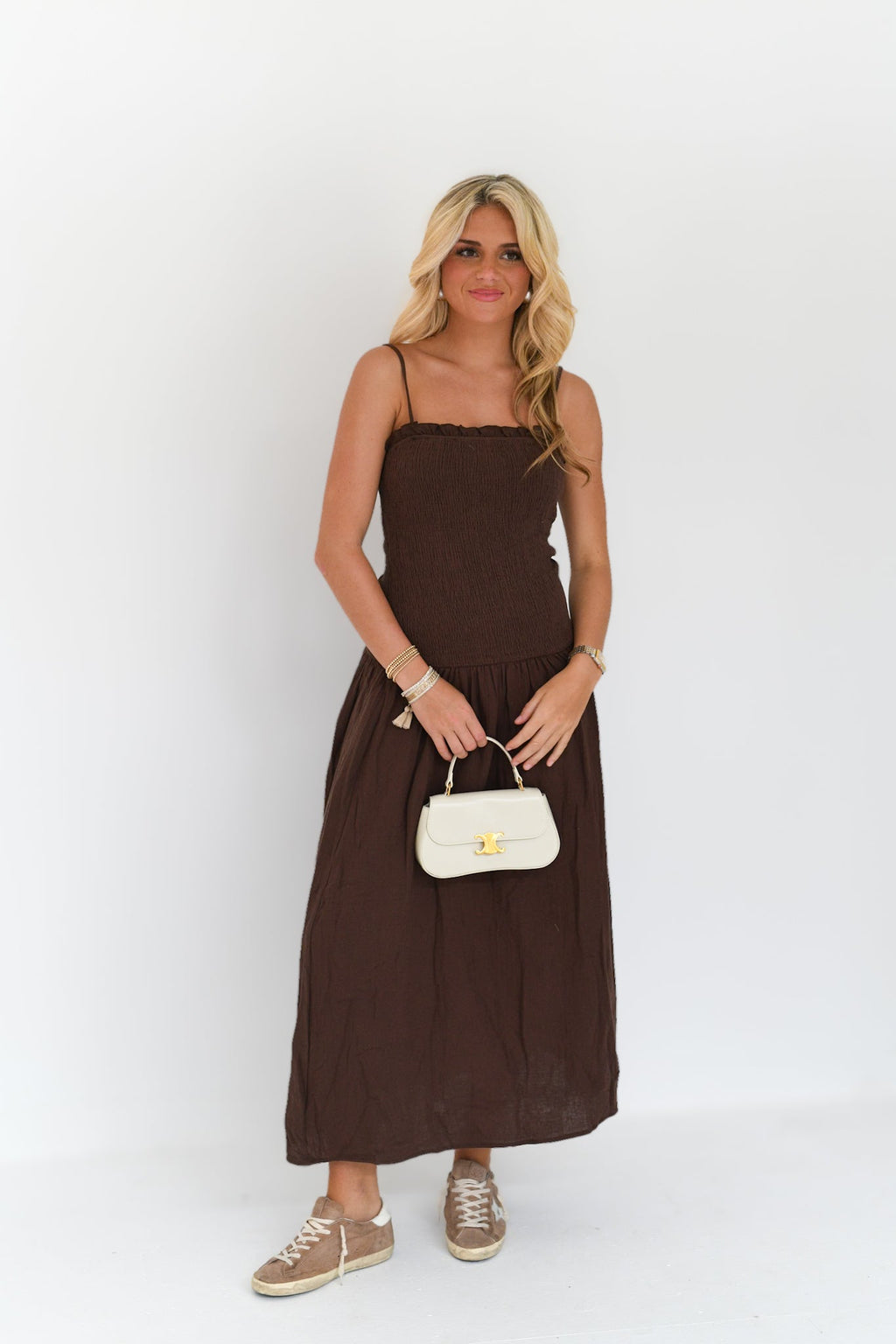 Maria Ruched Midi Dress - Chocolate Brown
