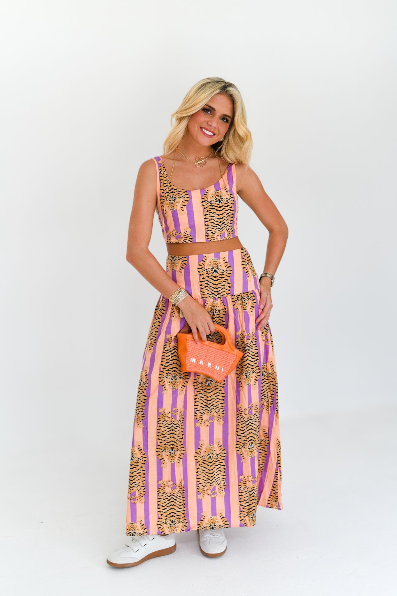 Aspen Maxi Skirt Set - Orange/Purple Striped Tiger