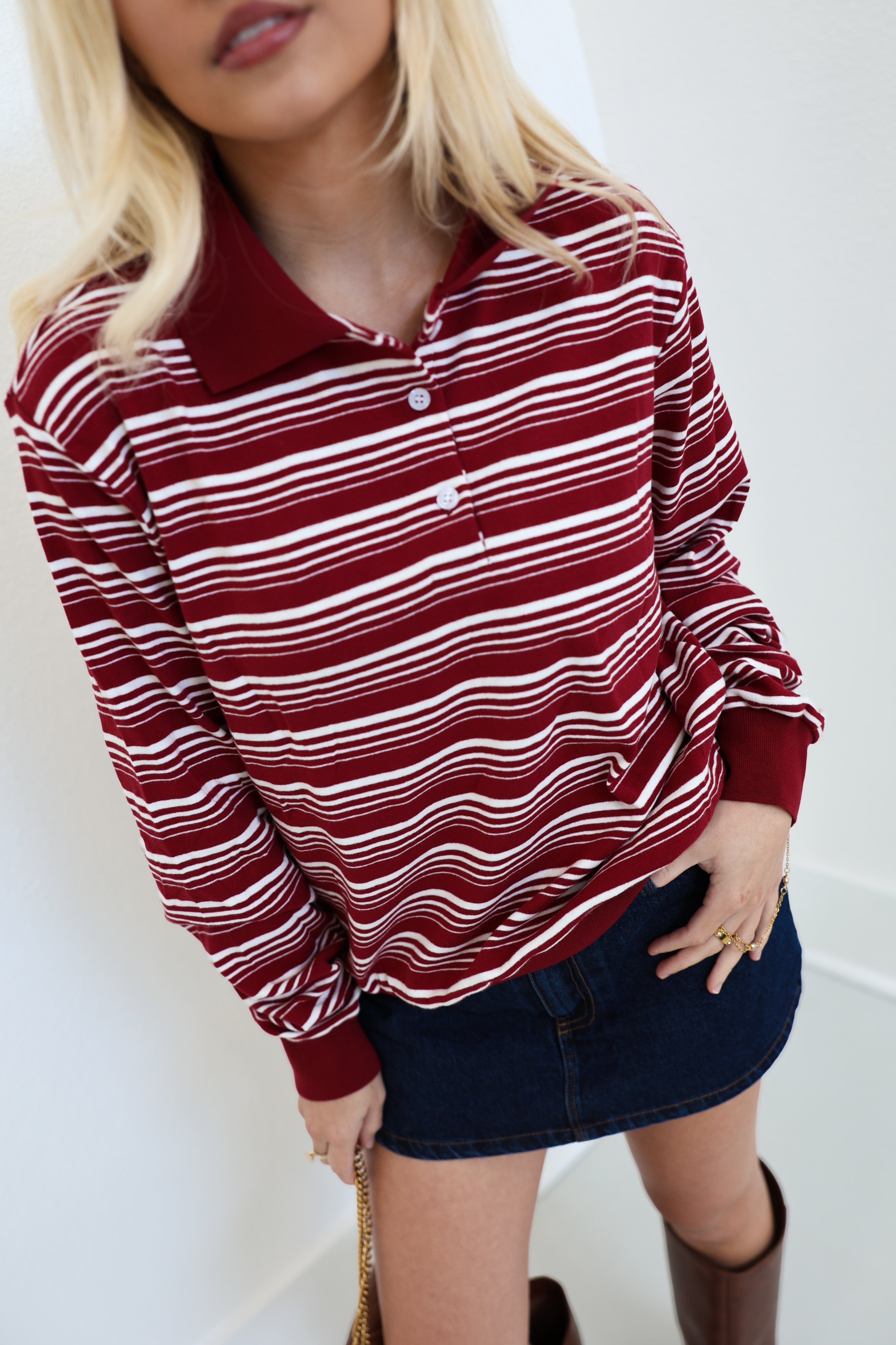 Riley Striped Polo Long Sleeve Top - Burgundy
