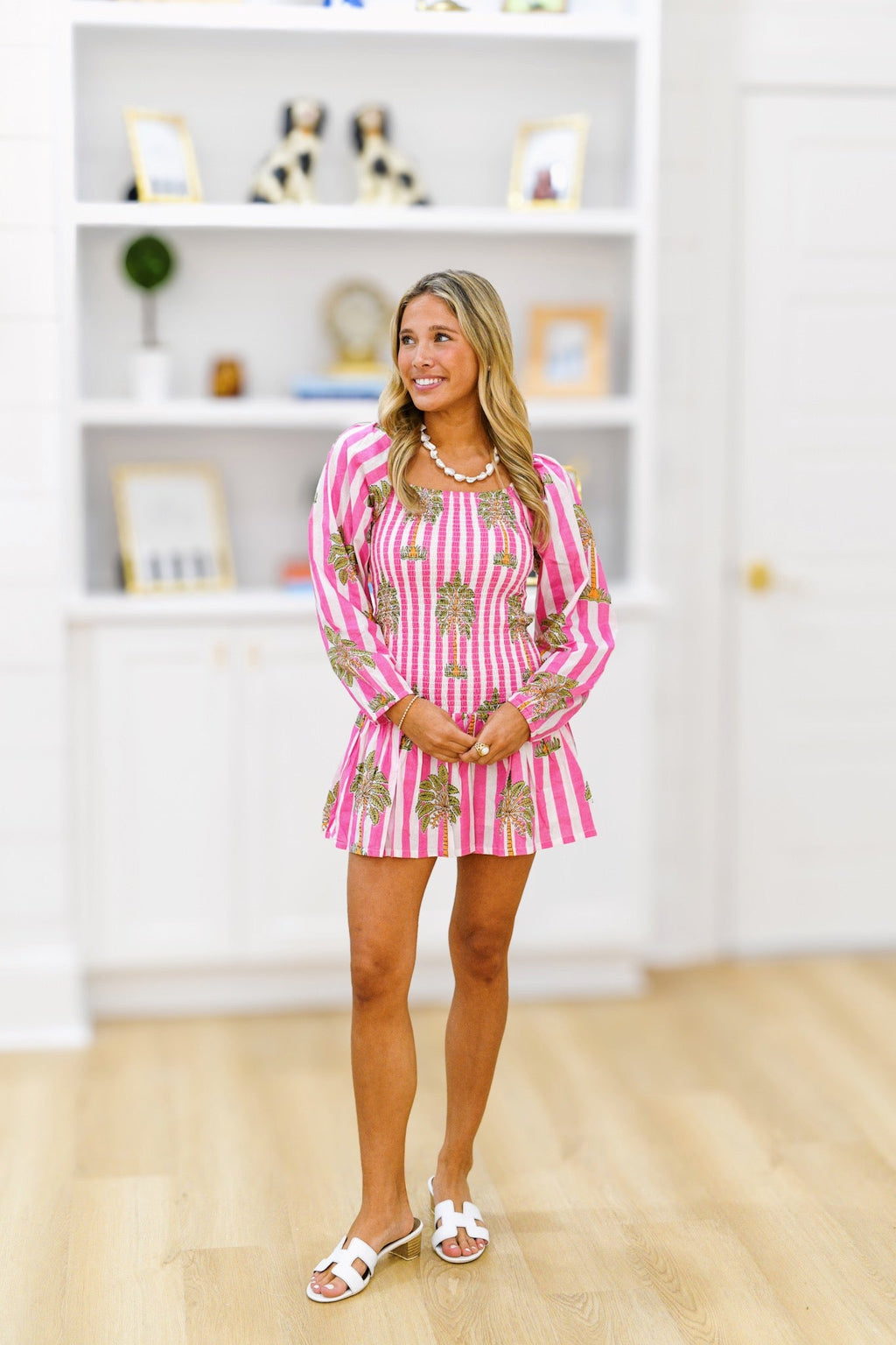Grace Smocked Mini Dress - Pink/White Palm