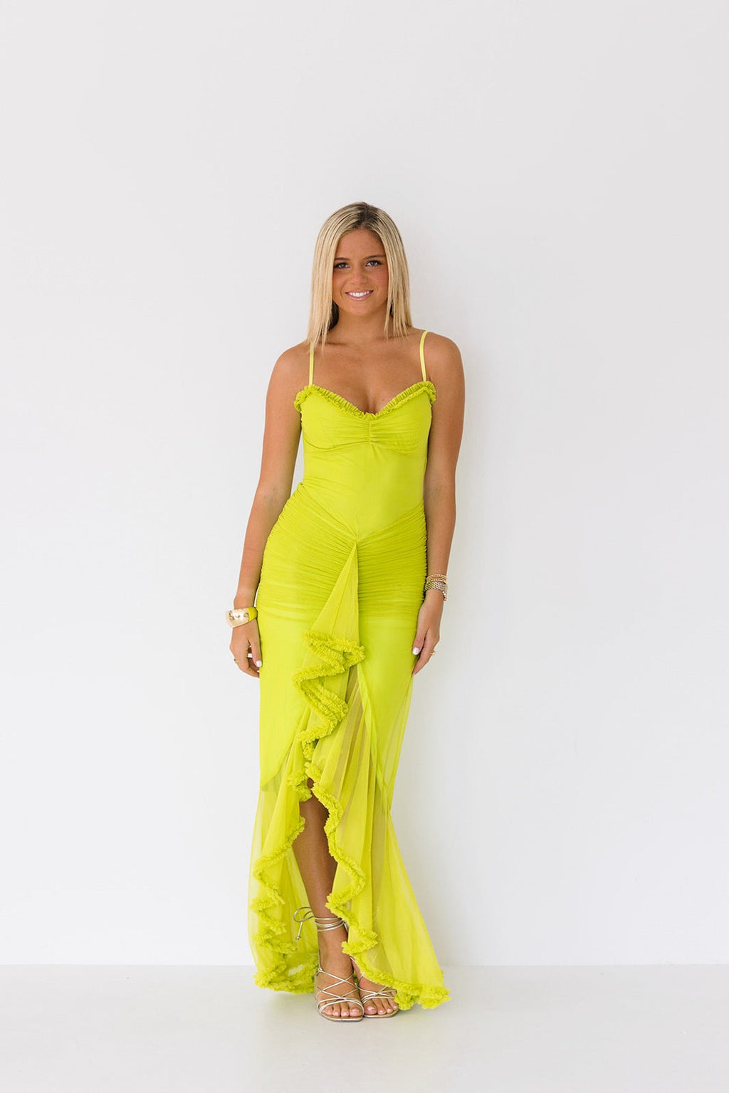 Cierra Mesh Ruffle Maxi Dress - Lime