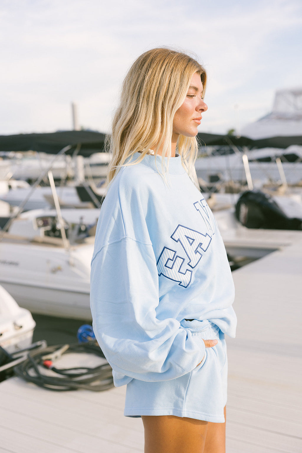 Fancy Oversized Striped Terry Striped Mockneck - Malibu Blue