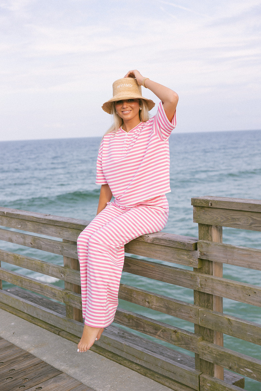 Fancy Buttoned Striped Short Sleeve Top