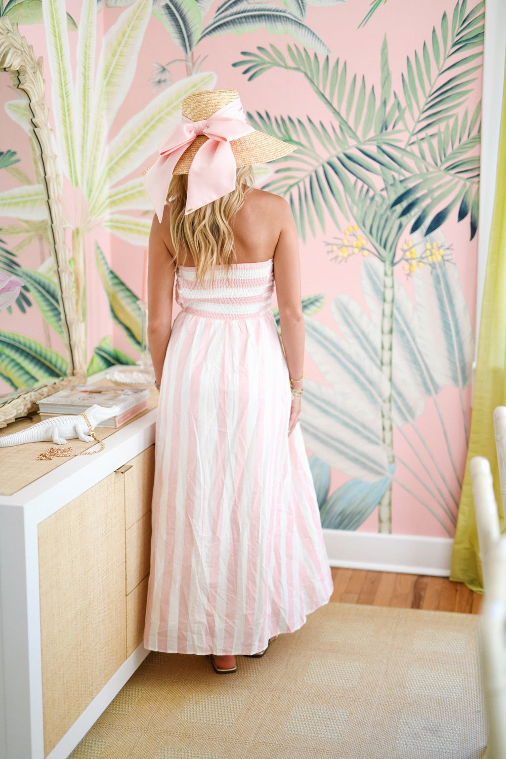 Pink Palm Stripe Strapless Maxi Dress - Ivory/Pink