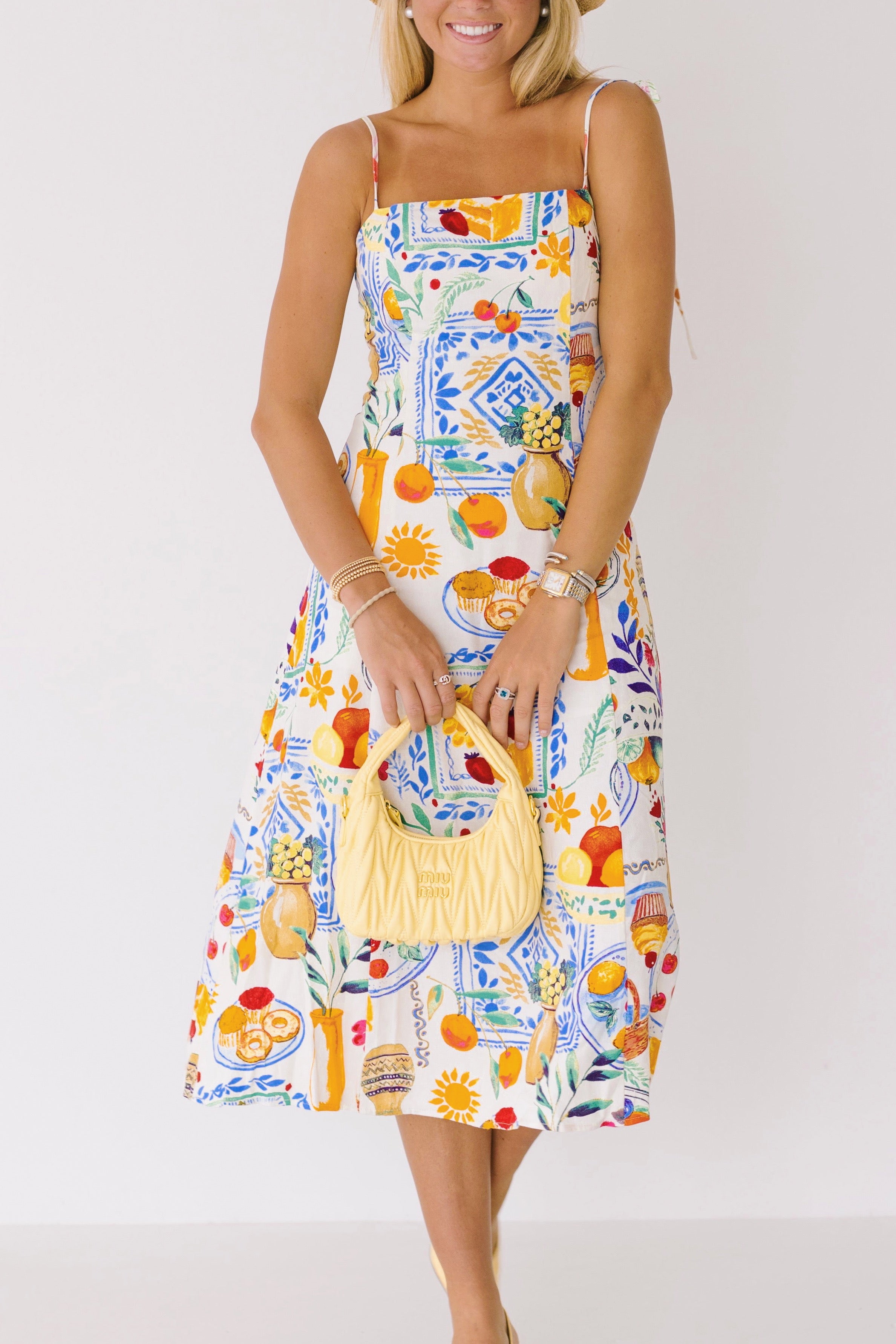 Ellie Shoulder Tie Midi Dress - Cream/Multi