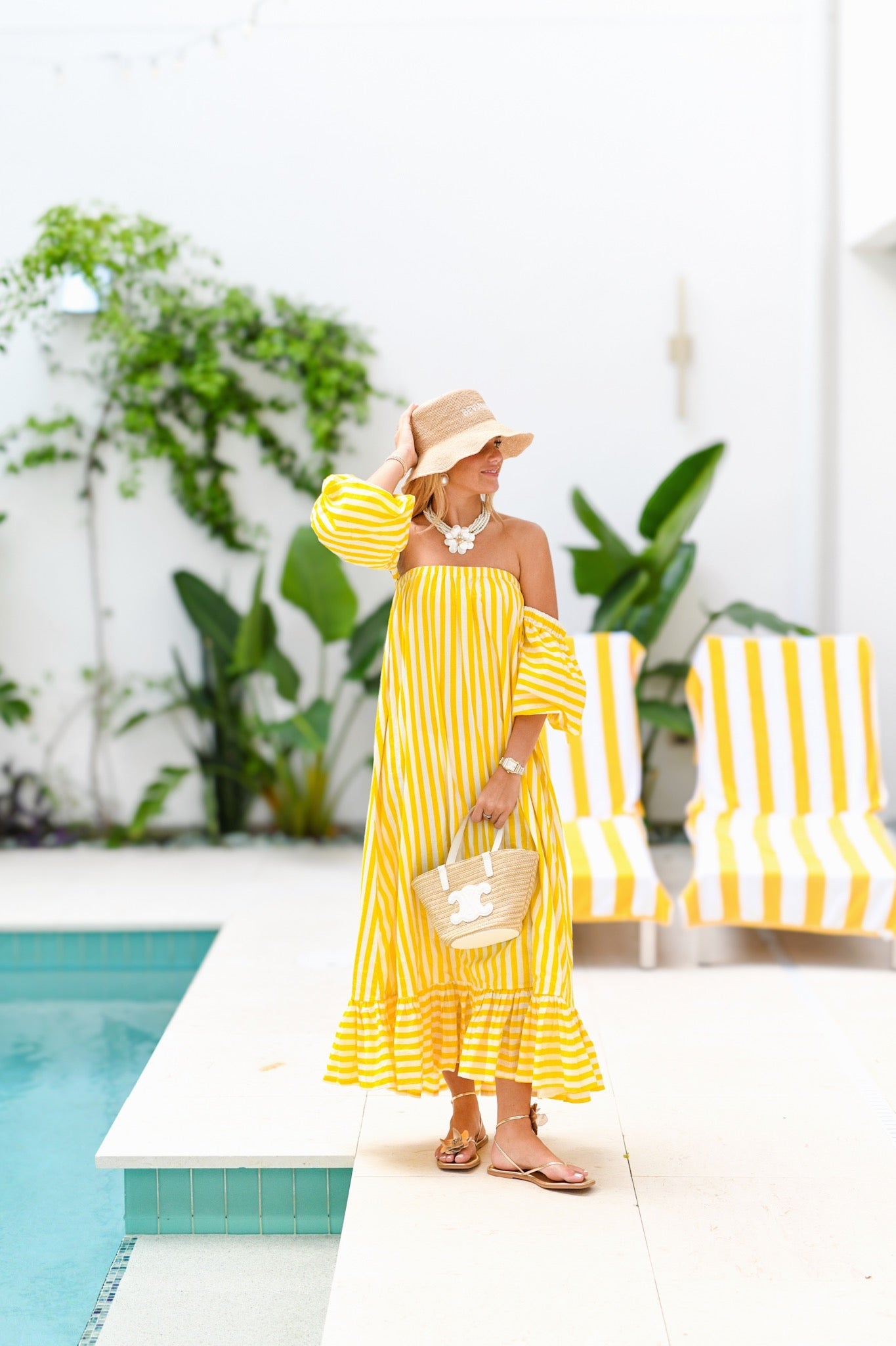Ciara Strapless Bubble Sleeve Maxi Dress - Yellow Stripes