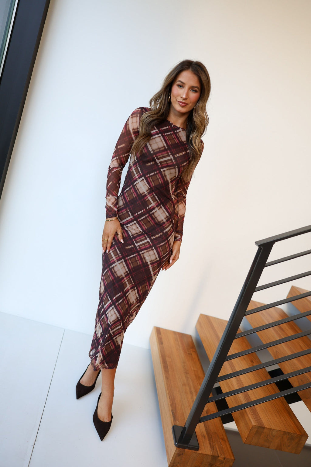 Deanna Checkered Dress - Brown Rust