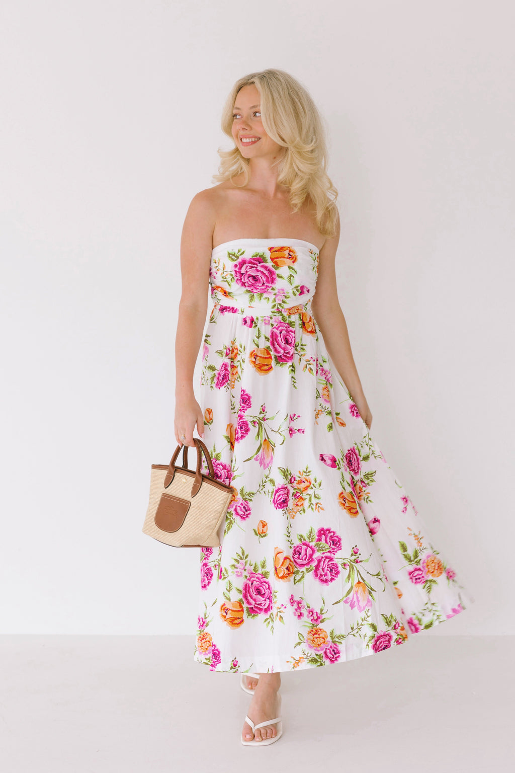 Elle Midi Floral Dress - White Floral