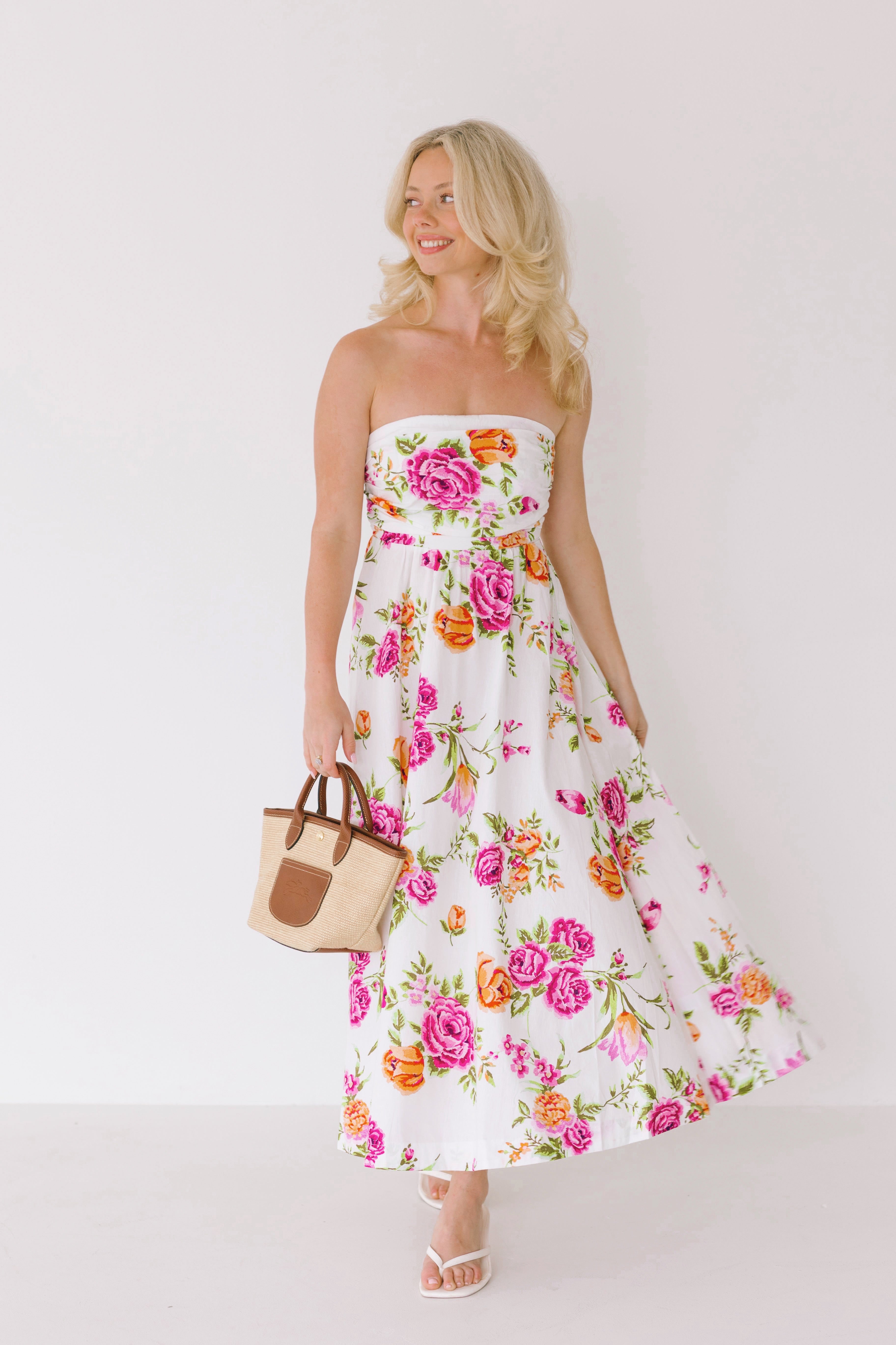 Elle Midi Floral Dress - White Floral