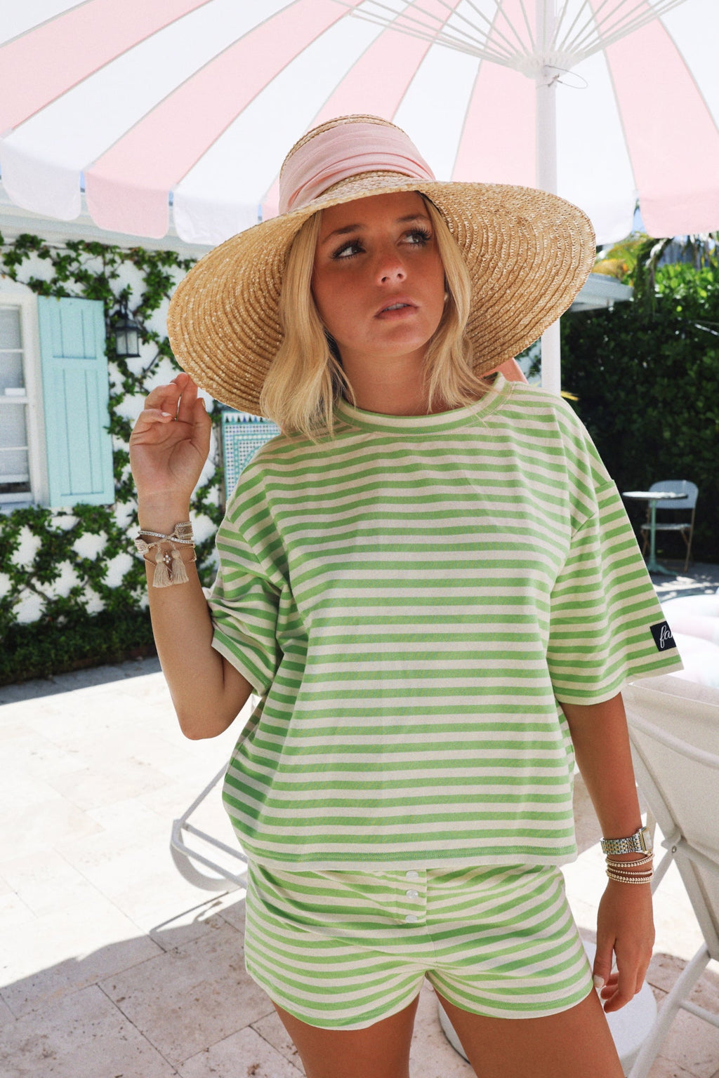 Fancy Striped Short Sleeve Top - Palm/Cream