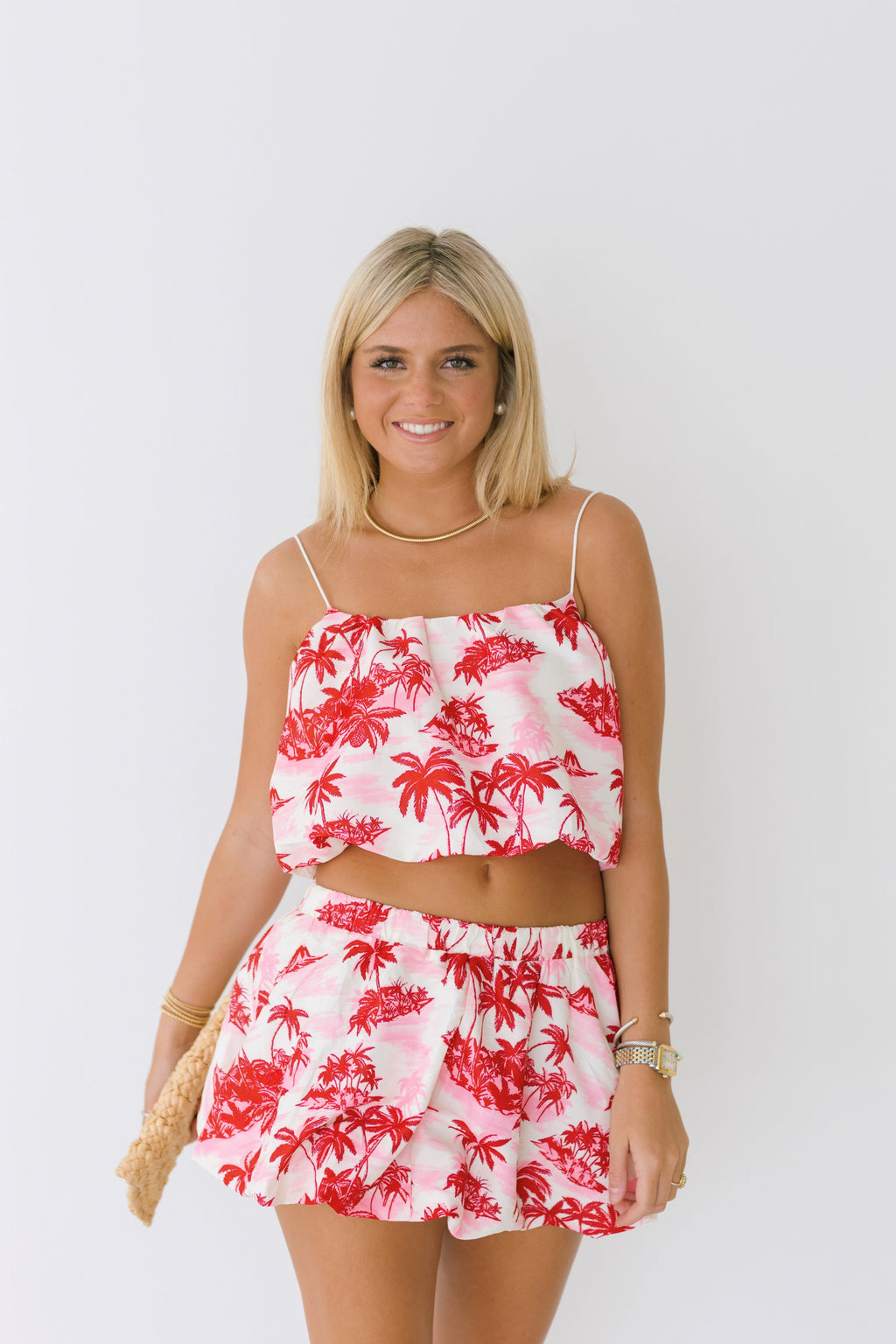 Lola Bubble Skirt Set - Pink/Red Palm
