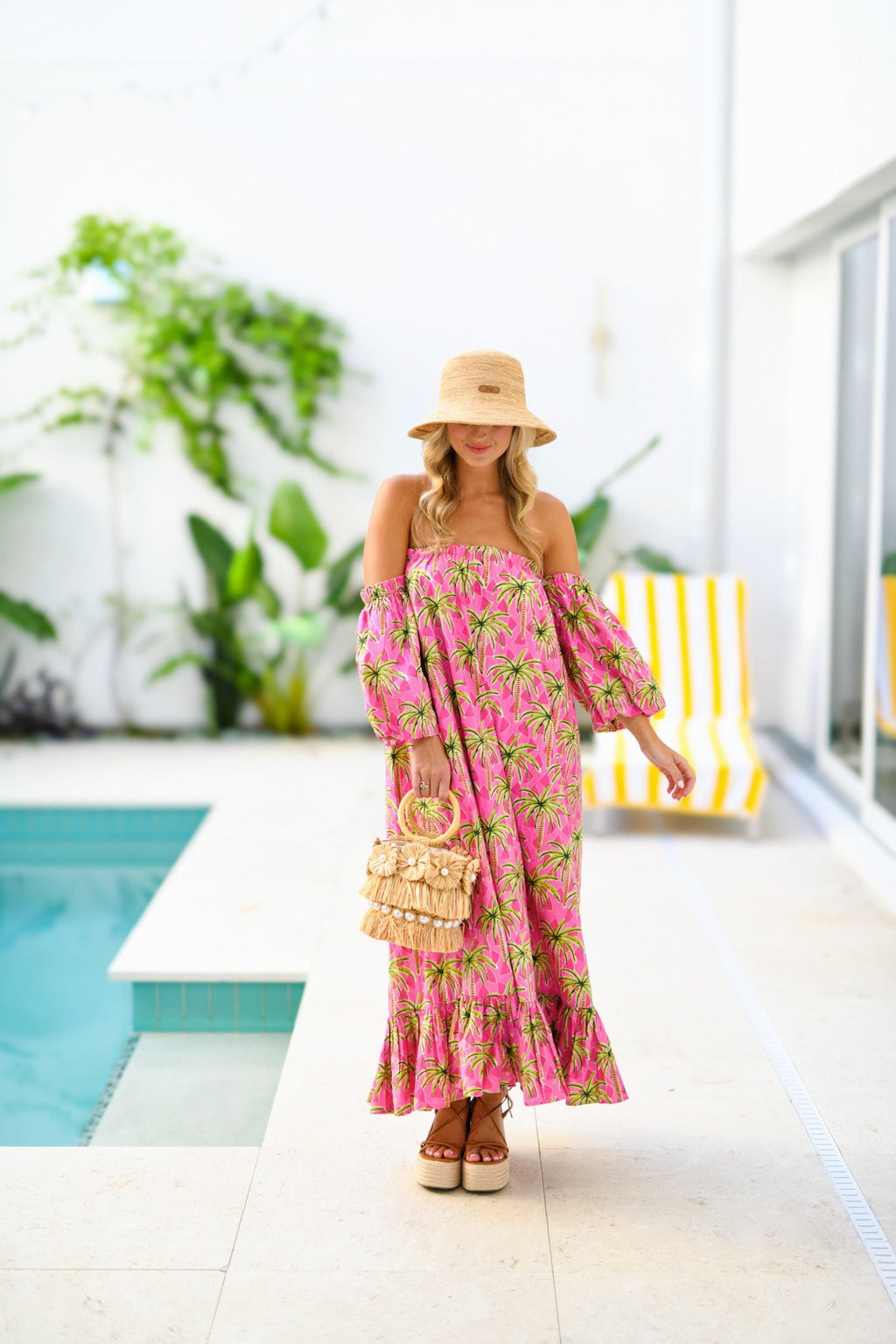 Polly Strapless Bubble Sleeve Maxi Dress - Pink Palm