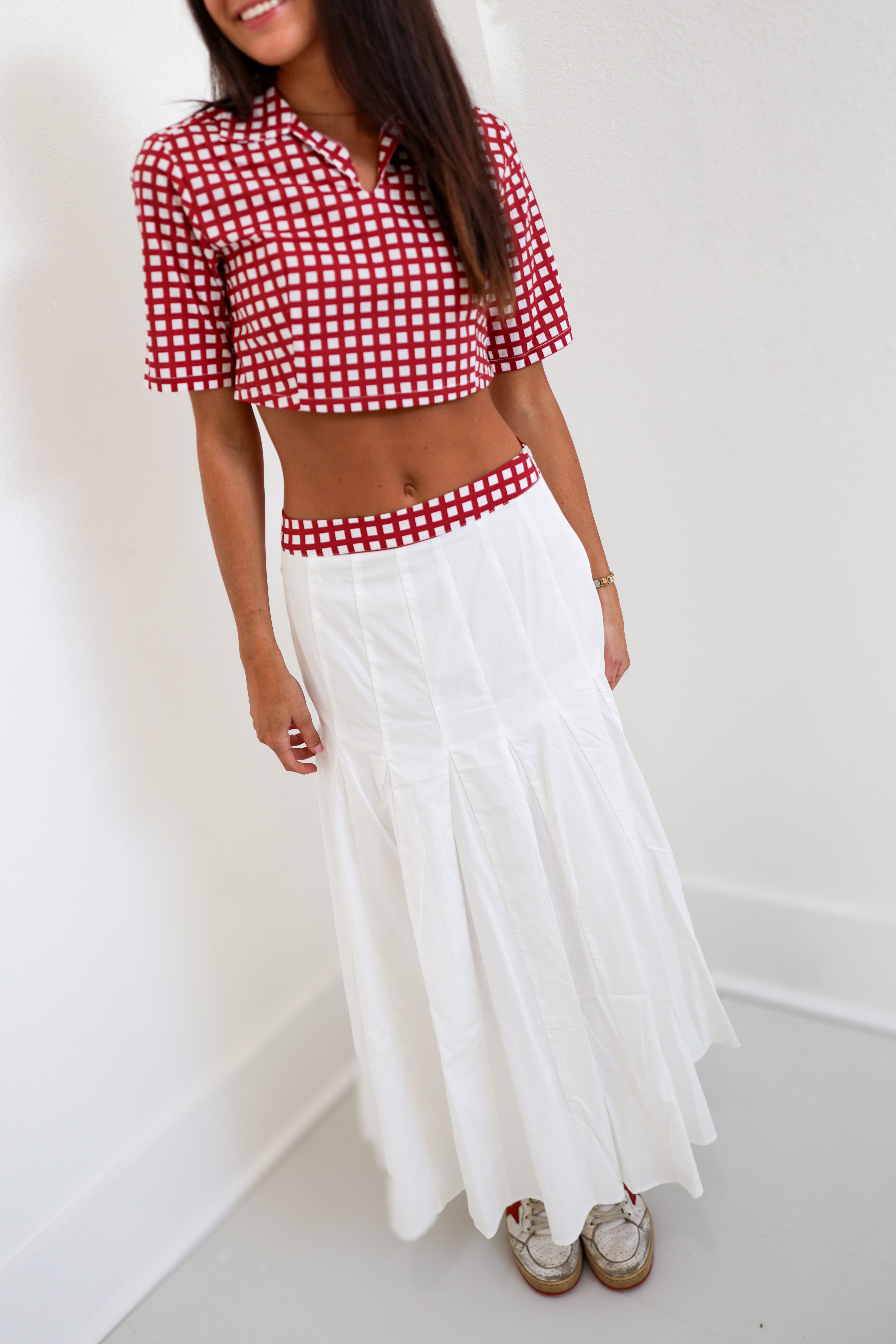 Maning Double Layer Pleated Maxi Skirt - Crimson/White Gingham