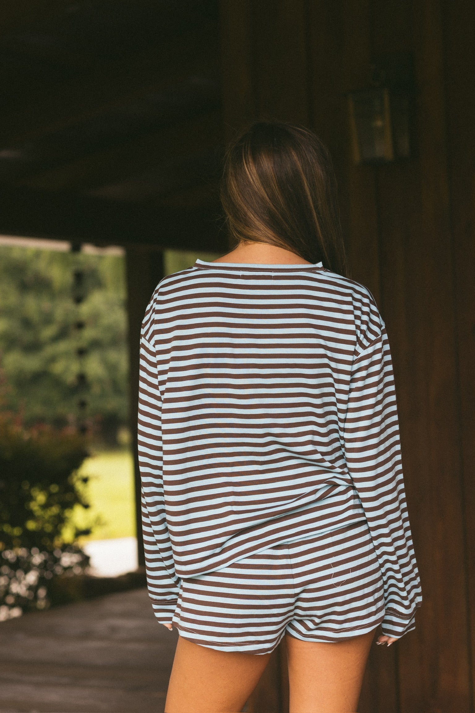 Fancy Striped Oversized Long Sleeve Top - Glacier/ Chocolate