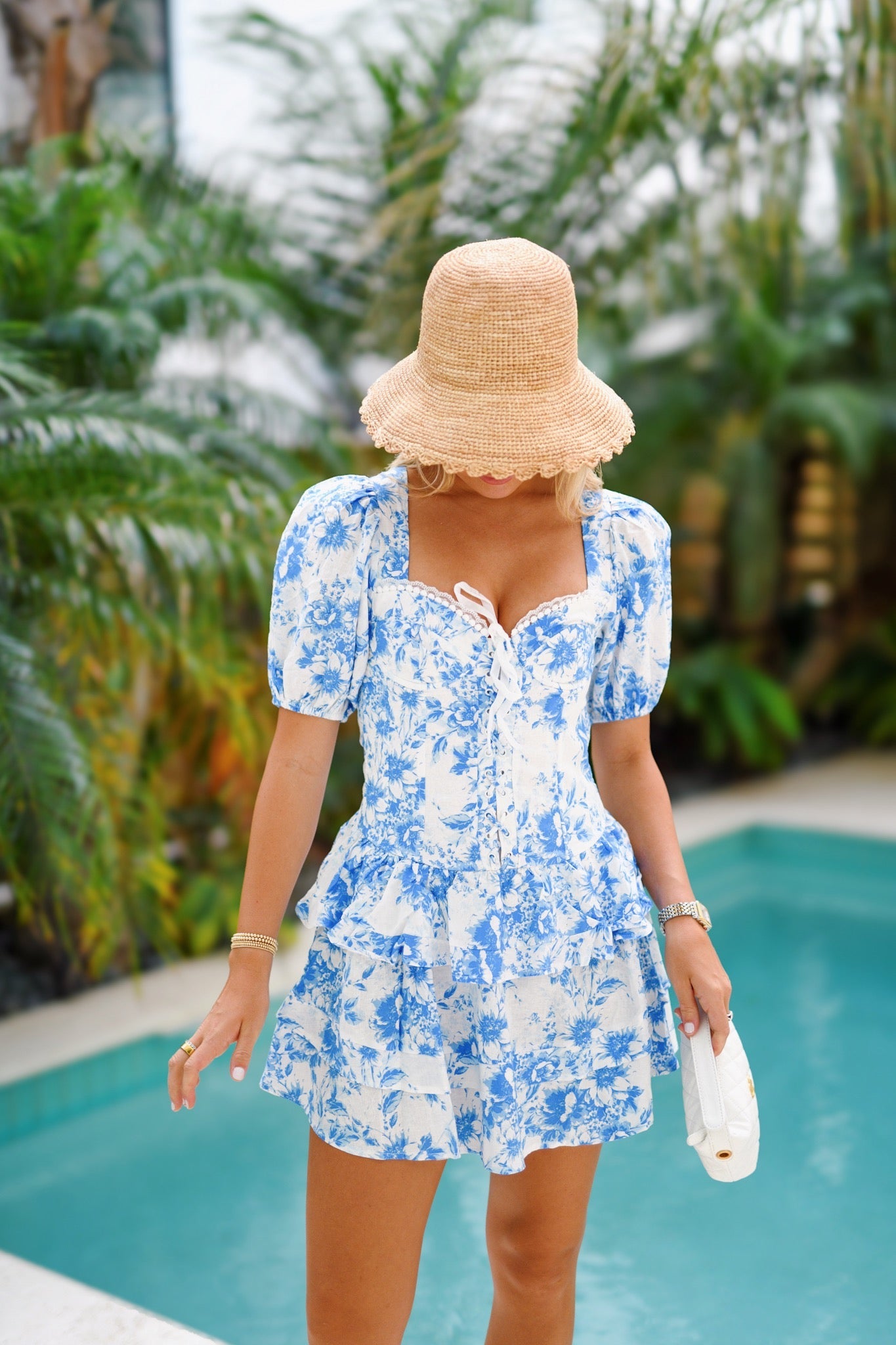 Courtney Floral Mini Dress - White Blue