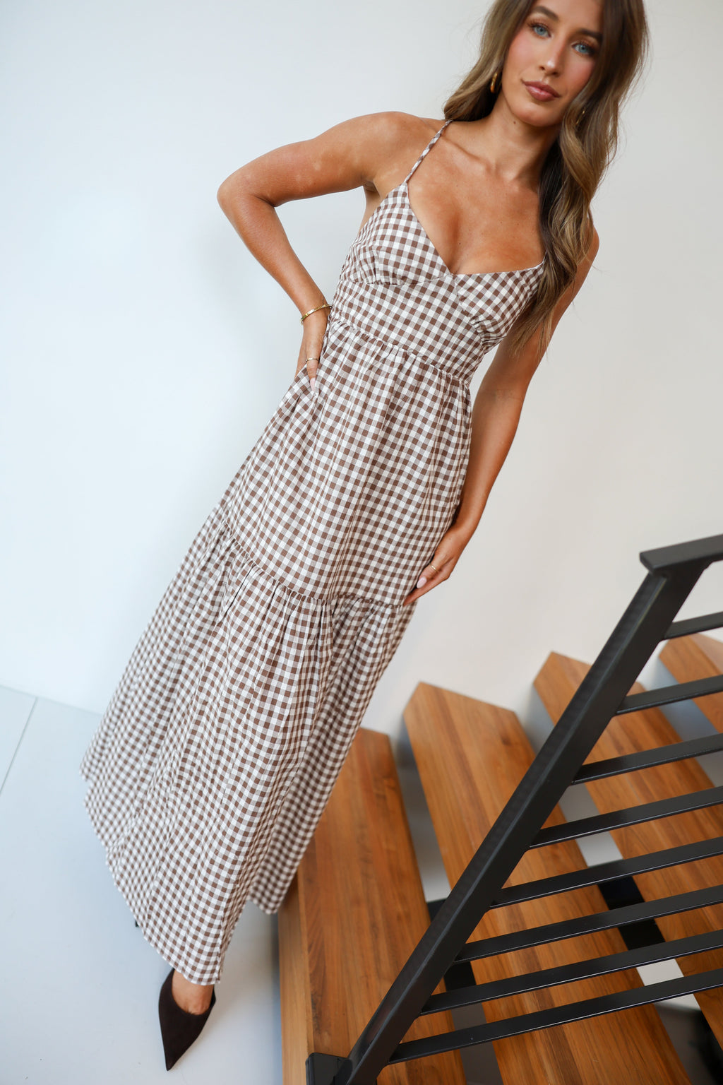 Polly Gingham Tiered Maxi Dress - Brown