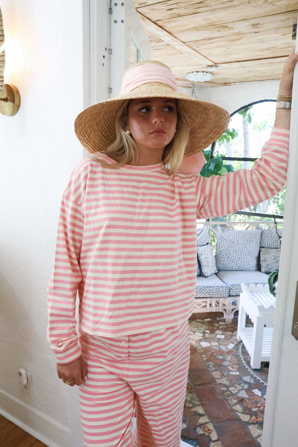 Fancy Striped Long Sleeve Top - Hibiscus/Cream