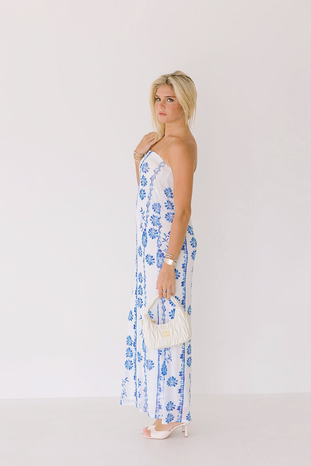 Tori Strapless Maxi Dress - Off White-Blue