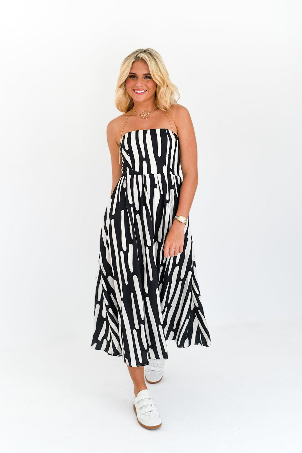 Lainey Strapless Abstract Midi Dress - Black/Cream