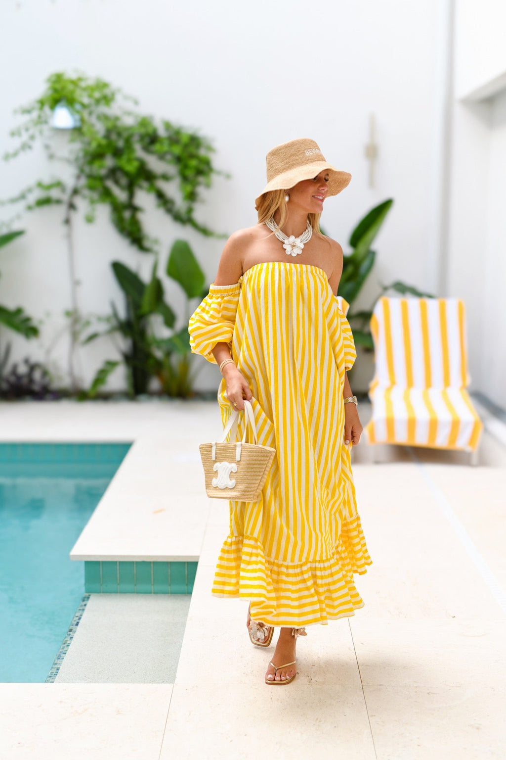 Ciara Strapless Bubble Sleeve Maxi Dress - Yellow Stripes
