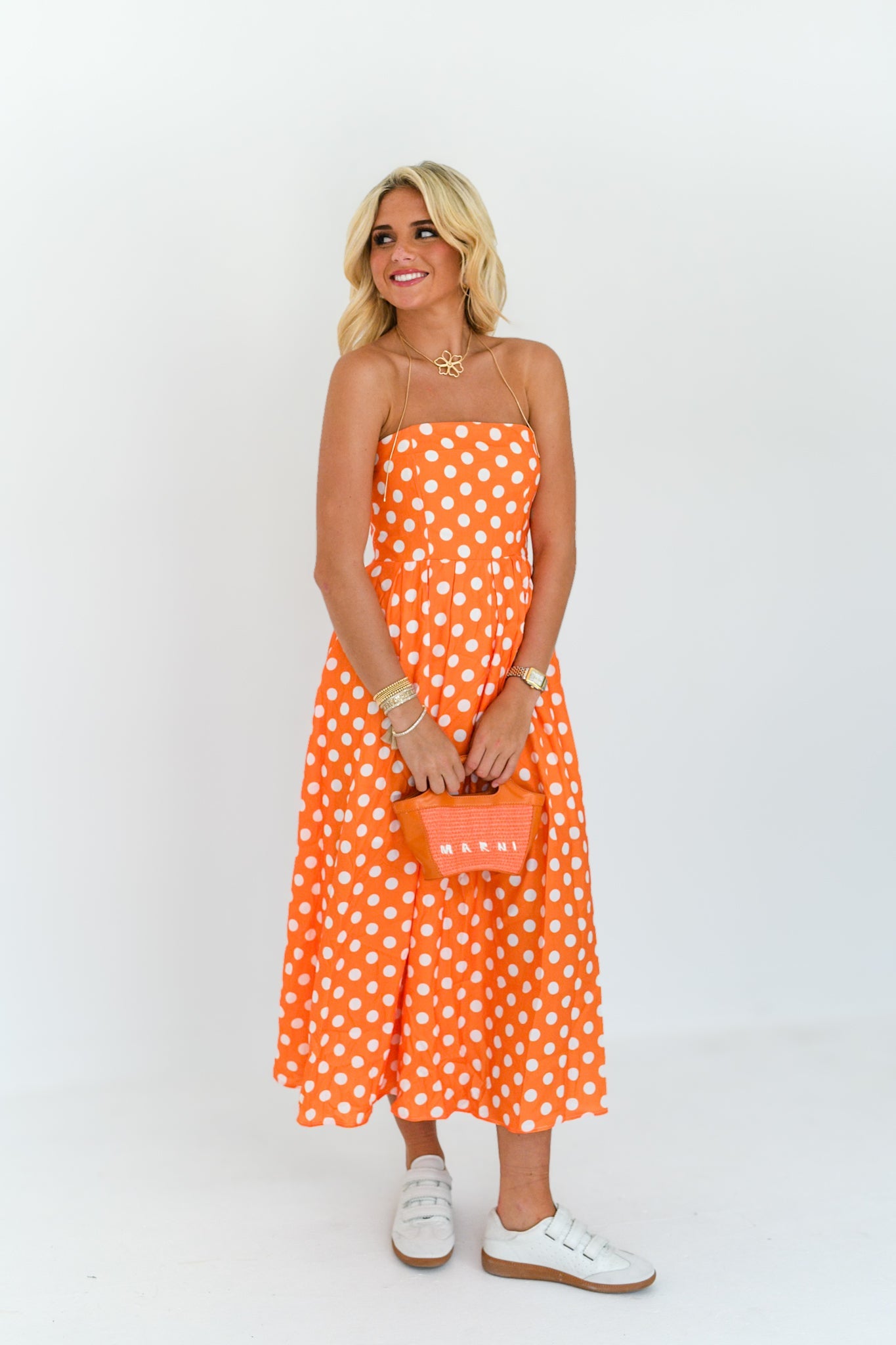 Amaya Strapless Polka Dot Midi Dress - Orange