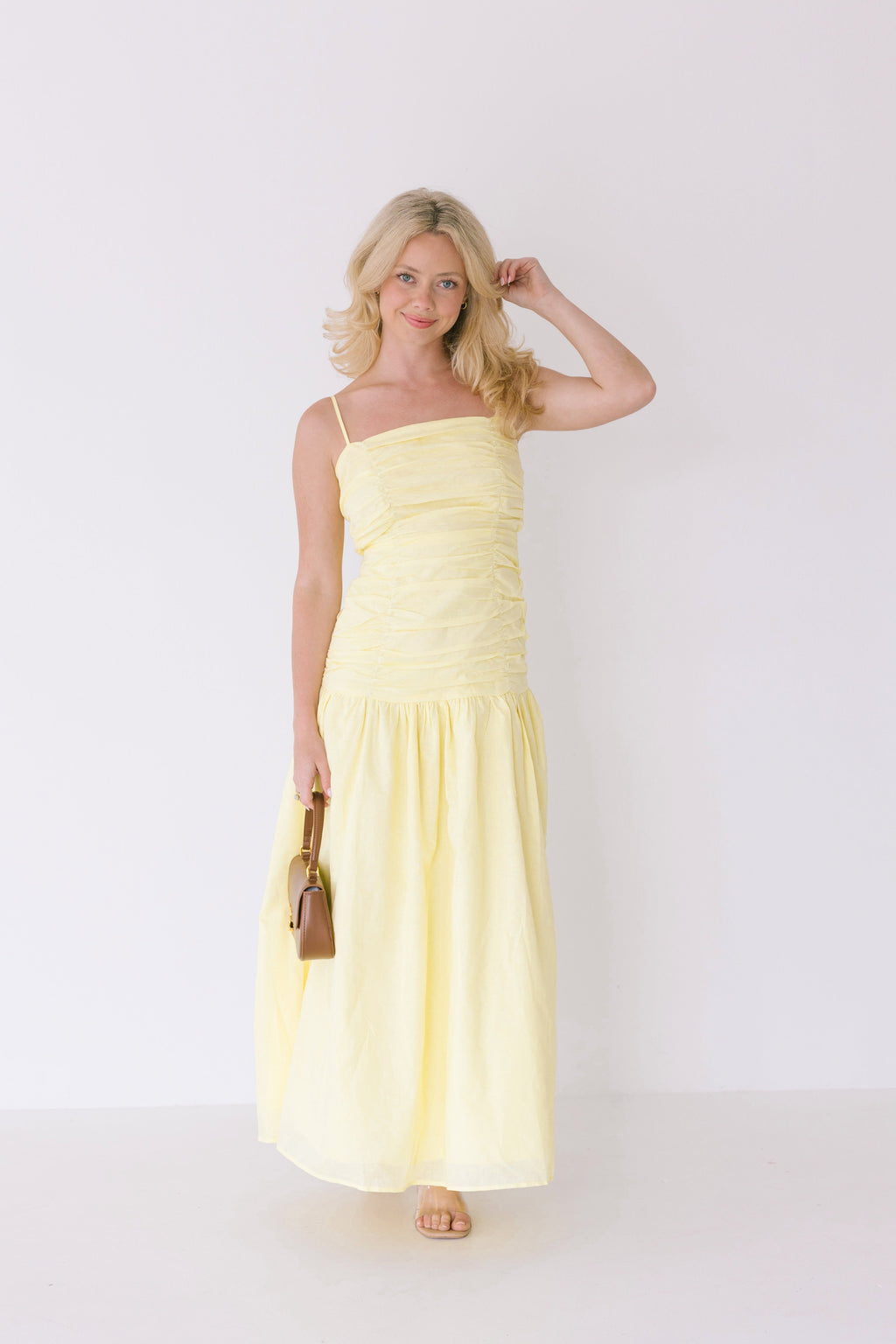 Verity Ruched Linen Maxi Dress - Yellow