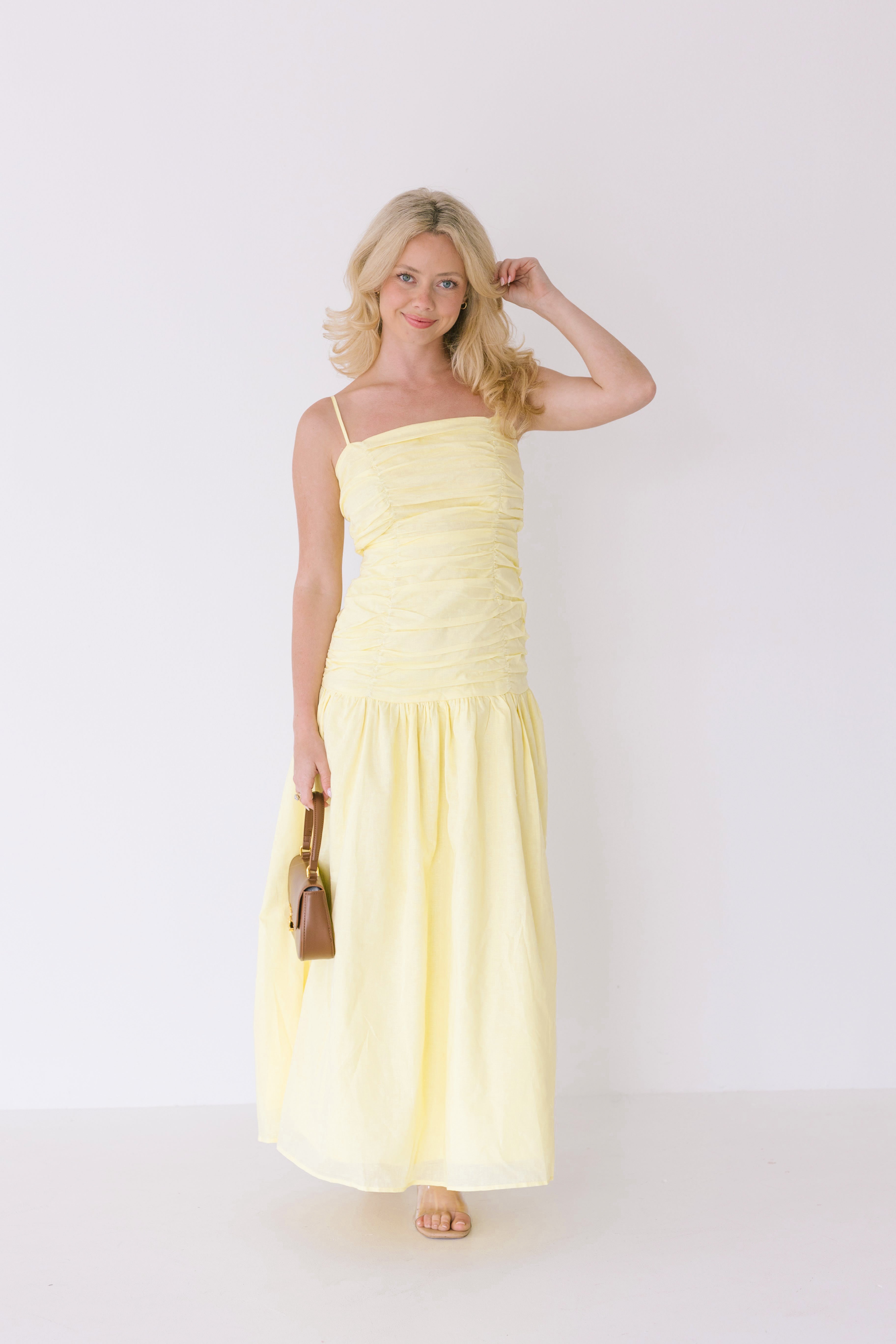 Verity Ruched Linen Maxi Dress - Yellow