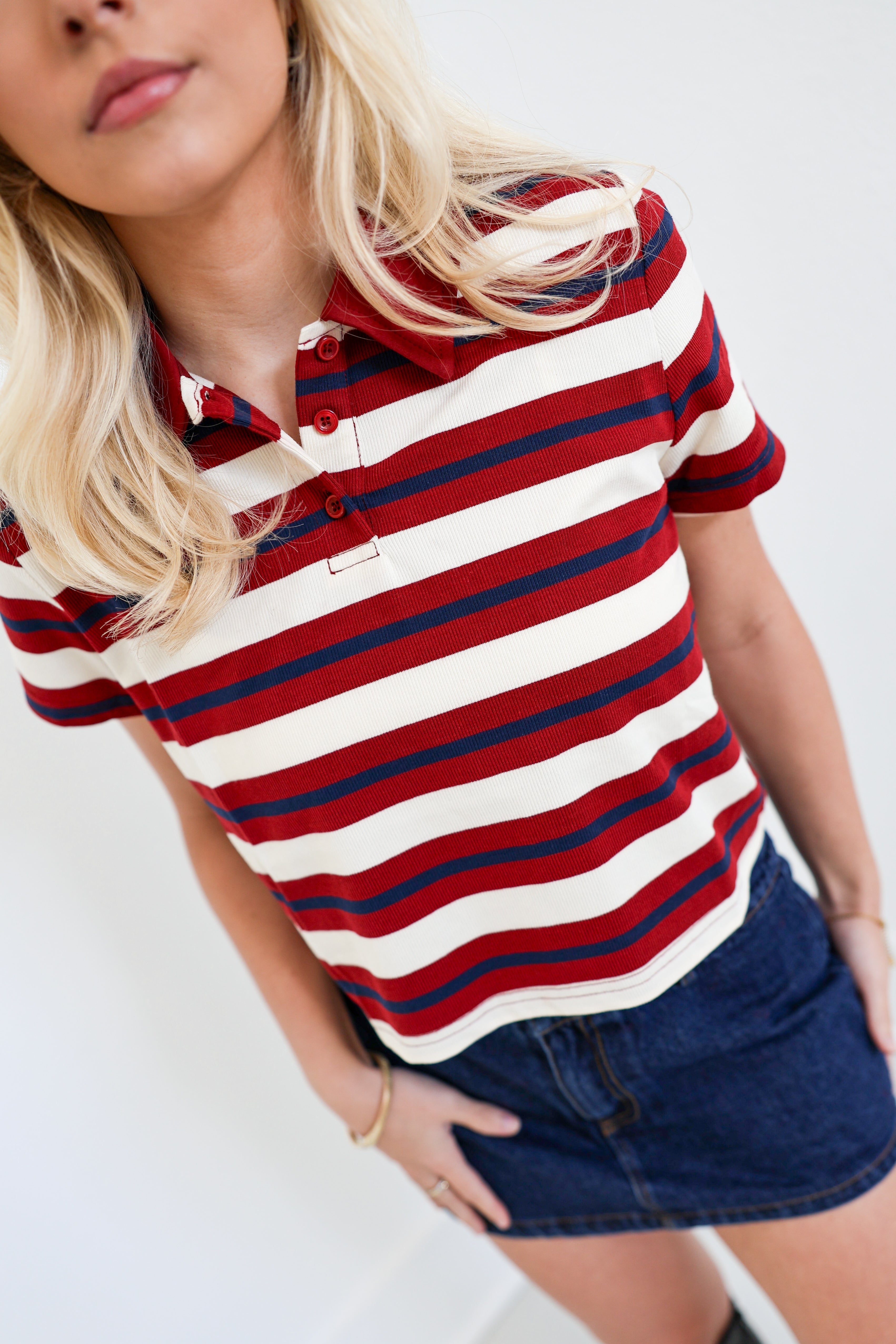 Cammy Cropped Striped Polo Tee - Burgundy