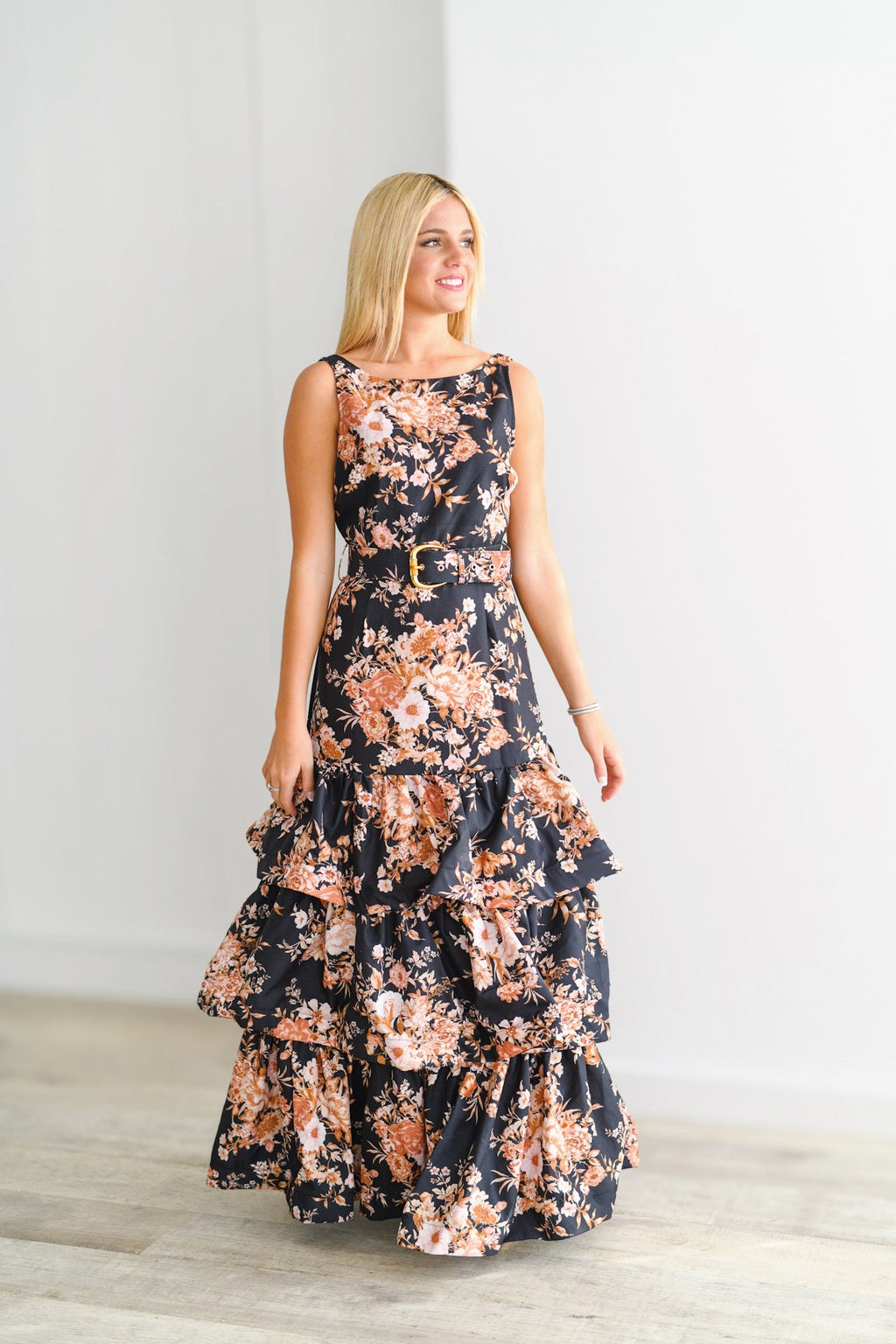 Eliza Floral Tiered Maxi Dress-Black Floral