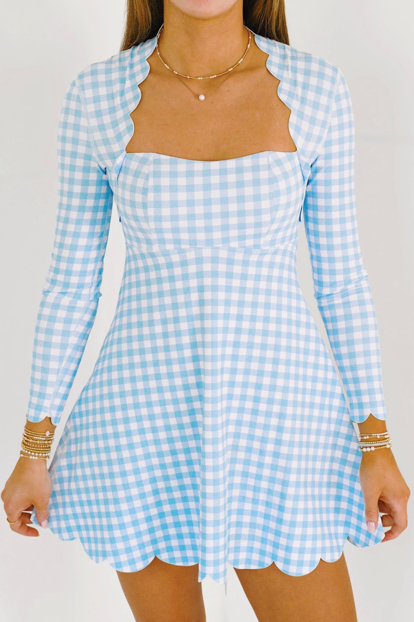 Ashlyn Scalloped Fit Dress - Baby Blue Gingham