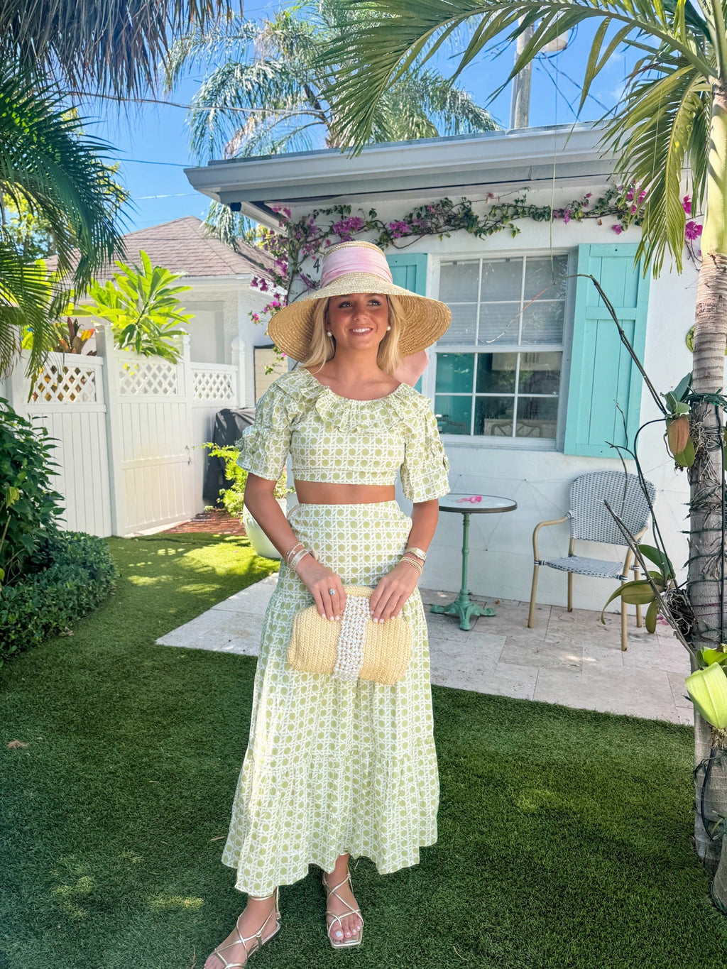 Palm Ruffle Skirt Set - Green Blockprint