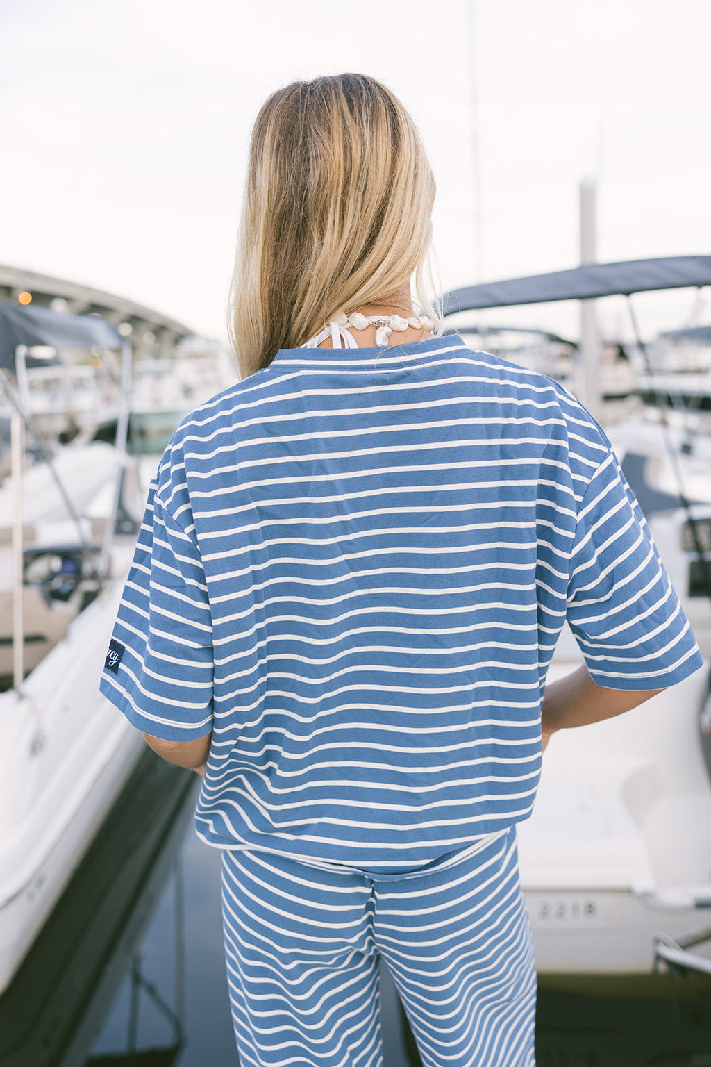 Fancy Striped Oversized Short Sleeve Top - Malibu Blue