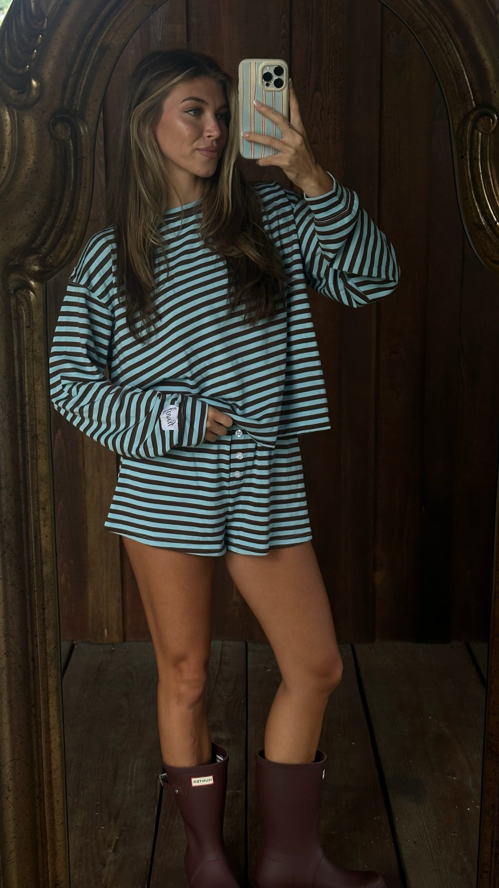 Fancy Striped Oversized Long Sleeve Top - Glacier/ Chocolate