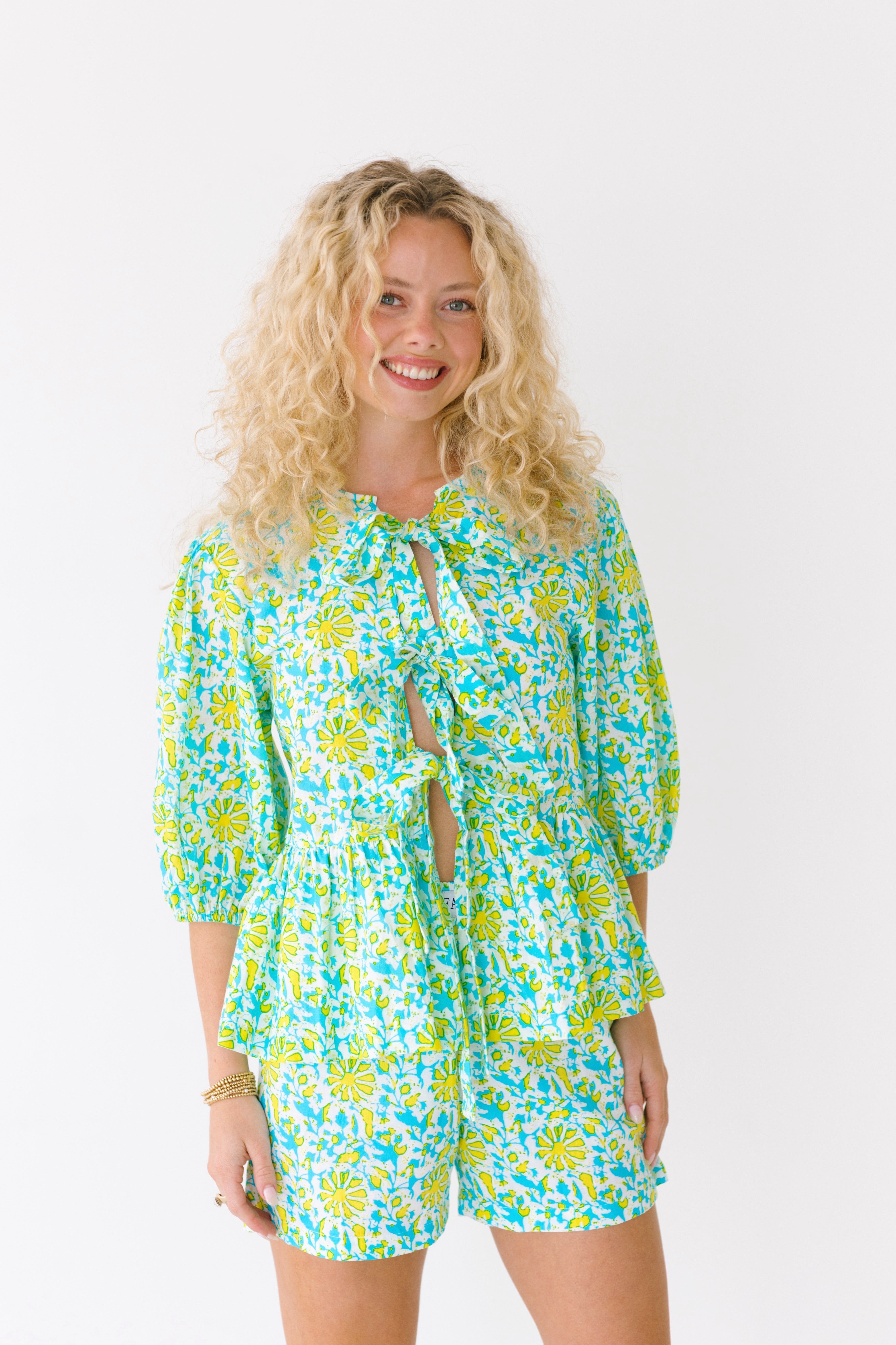 Dani Tie Front and Shorts Set - Teal/Lime
