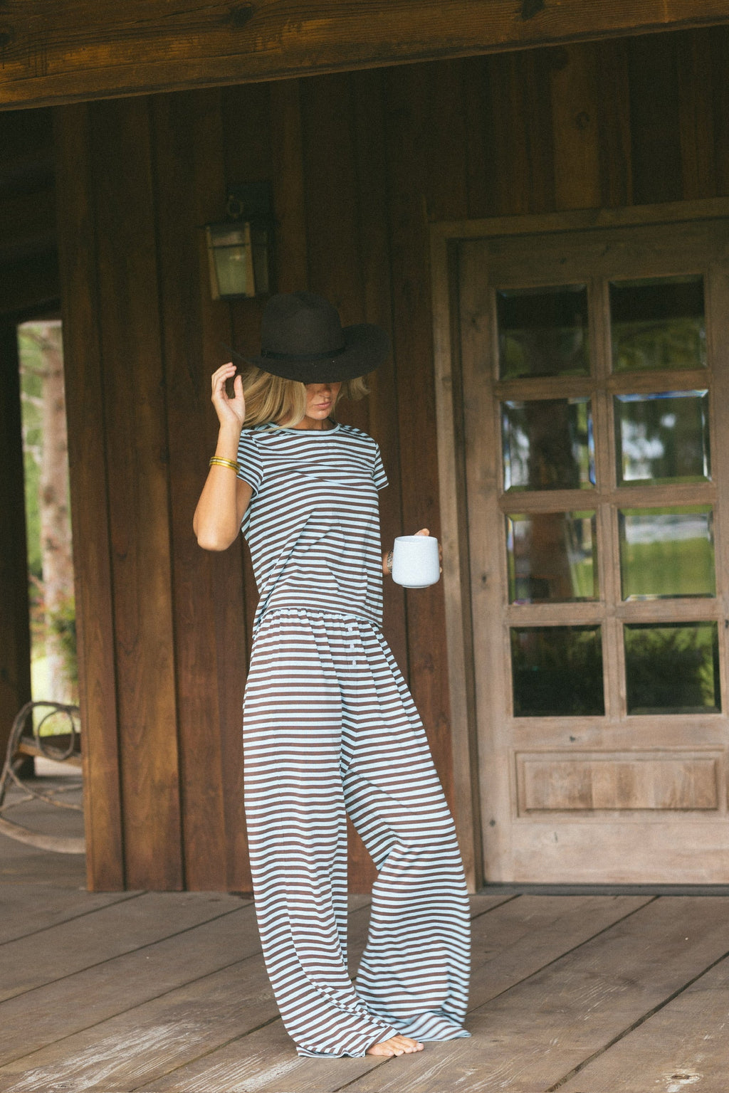 Fancy Striped Fitted Short Sleeve Top - Glacier/Chocolate