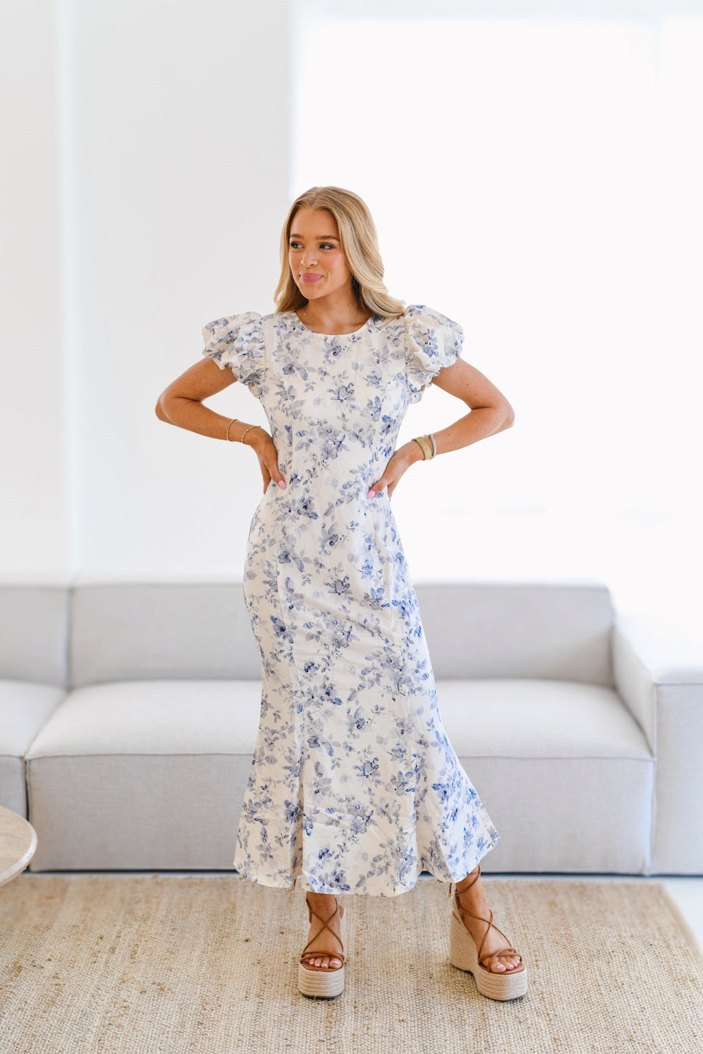 Jackie Puff Sleeve Satin Floral Midi Dress-Blue