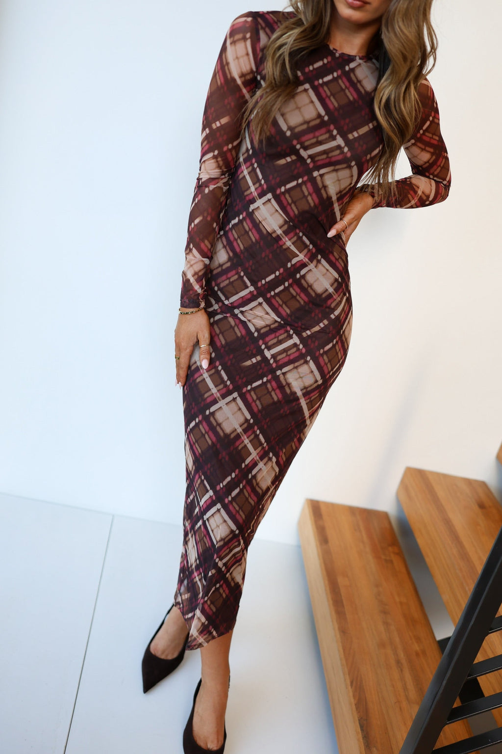 Deanna Checkered Dress - Brown Rust