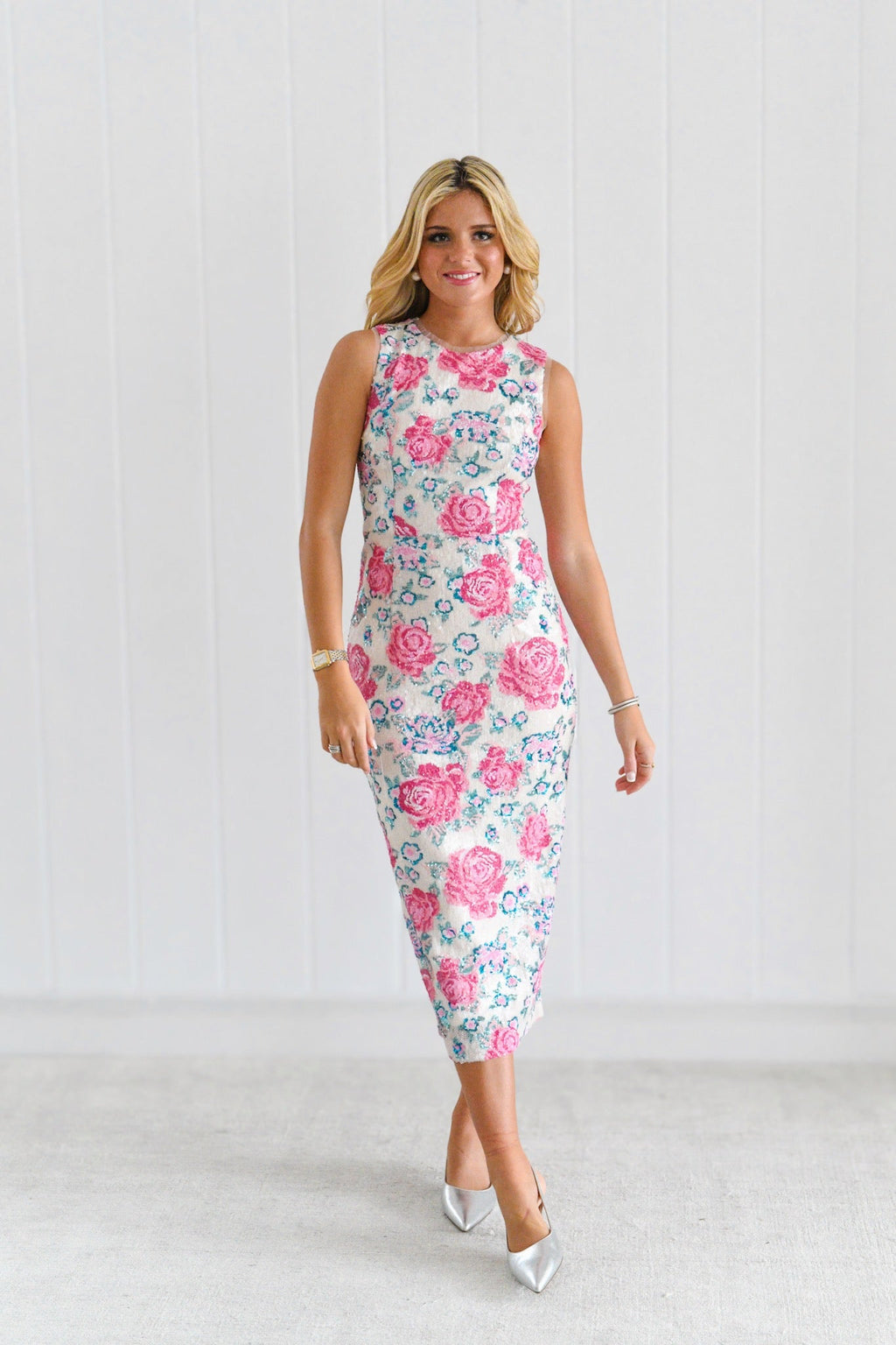 Marzia Floral Sequin Sleeveless Midi Dress - Pink