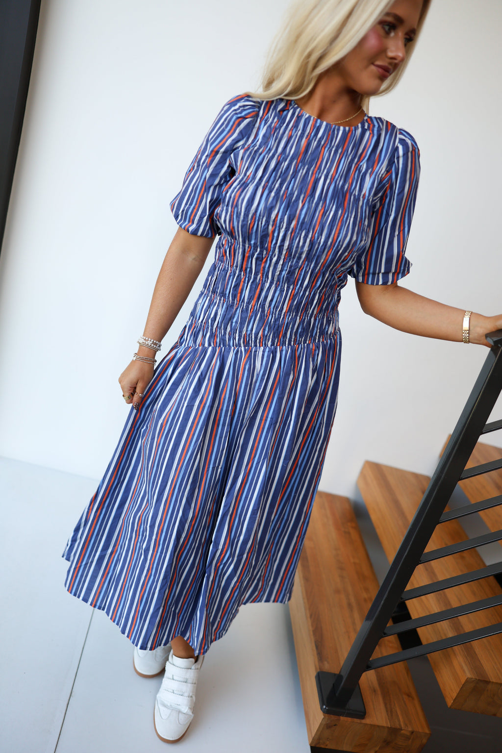 Mary Smocked Midi Dress - Navy/Oragne