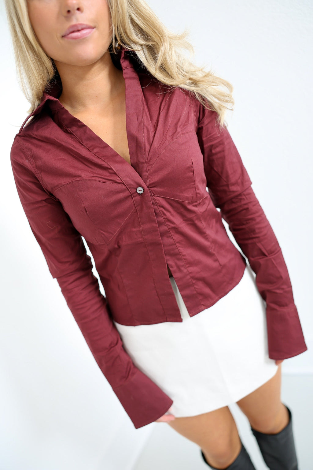 Gia Button Long Sleeve Top - Burgundy