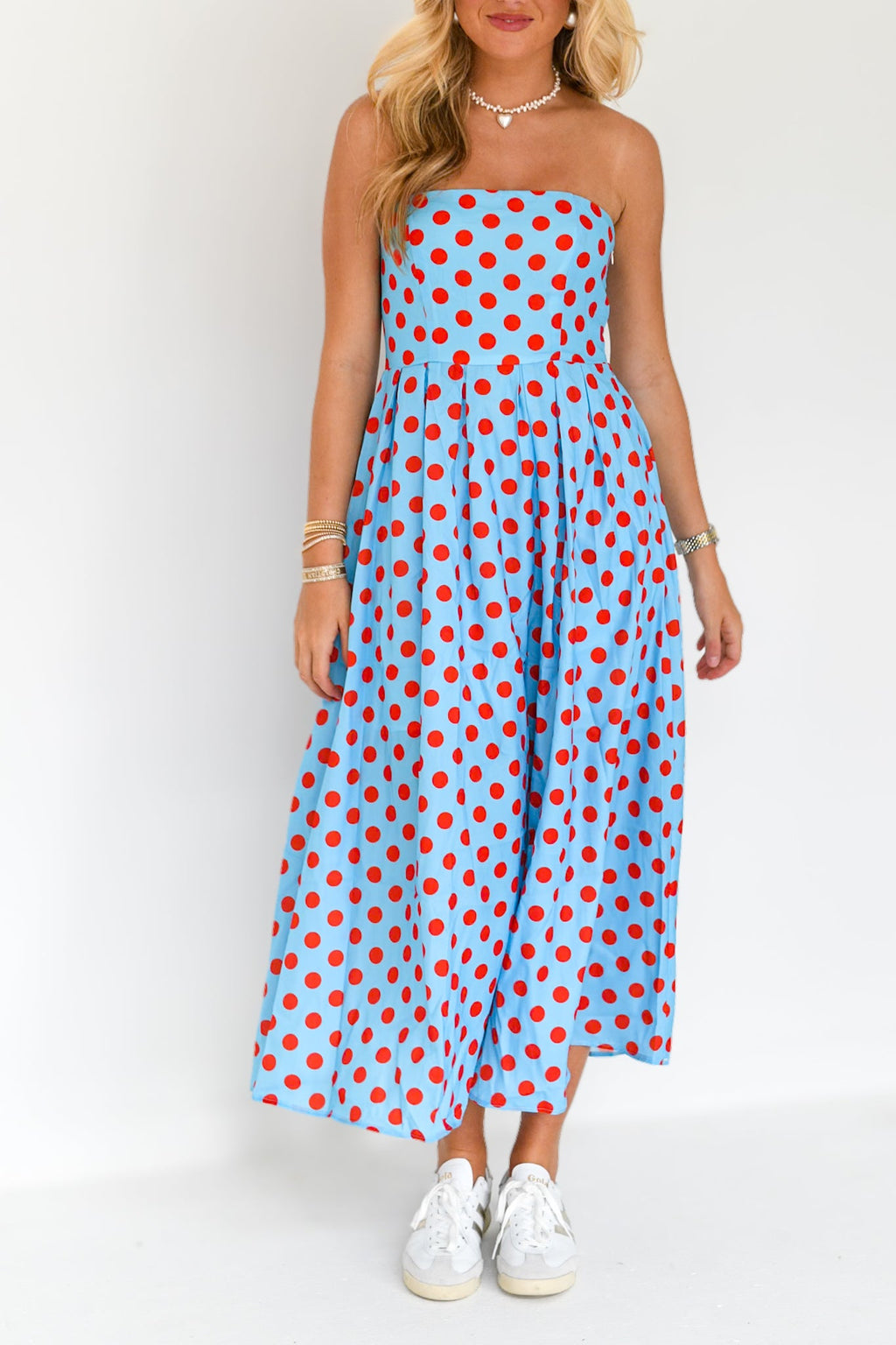 Manning Strapless Polka Dot Midi Dress - Powder Blue/Red
