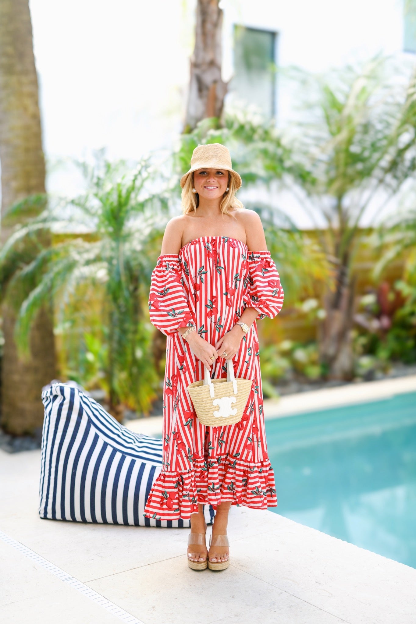 Lyla Strapless Bubble Sleeve Maxi Dress - Red Cherry Stripe