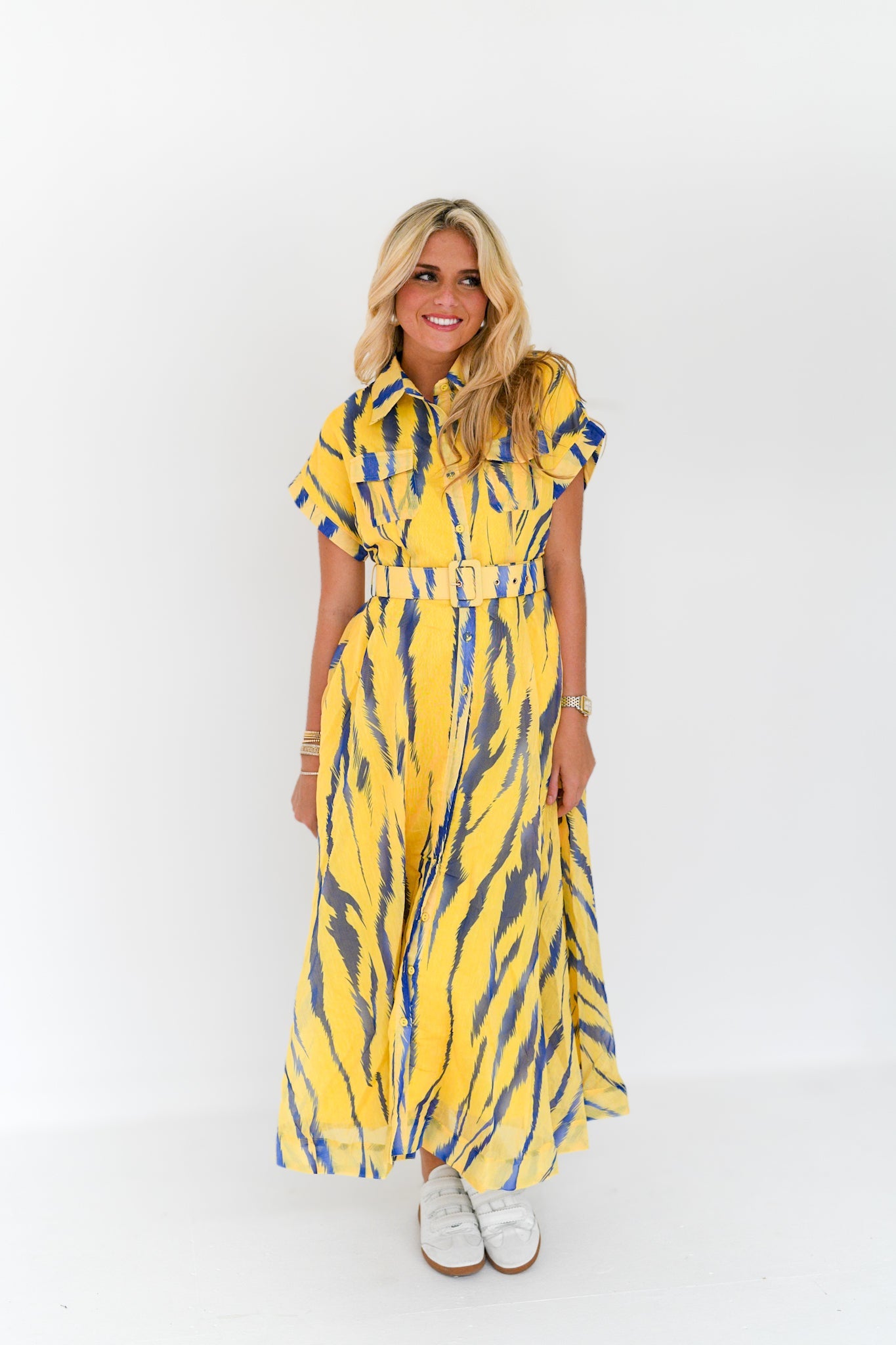 Emme Zebra Print Belted Midi Dress - Yellow/Blue Multi