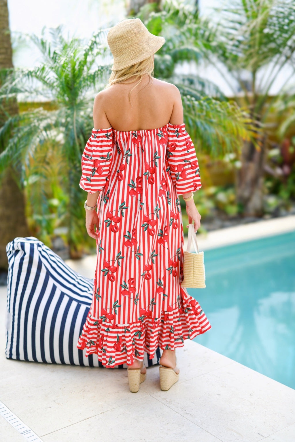 Lyla Strapless Bubble Sleeve Maxi Dress - Red Cherry Stripe