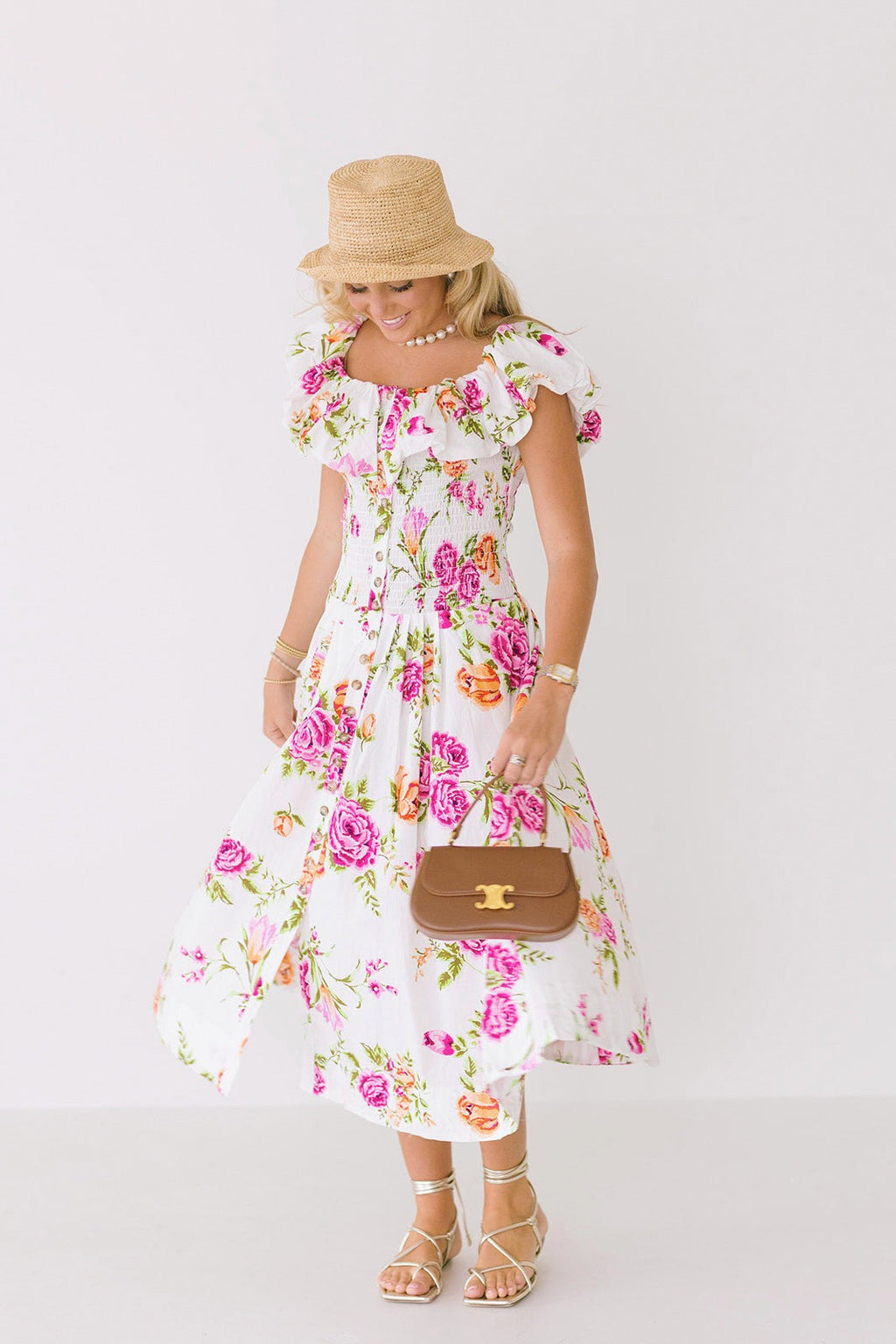 Vivian Off The Shoulder Midi Dress - White Floral